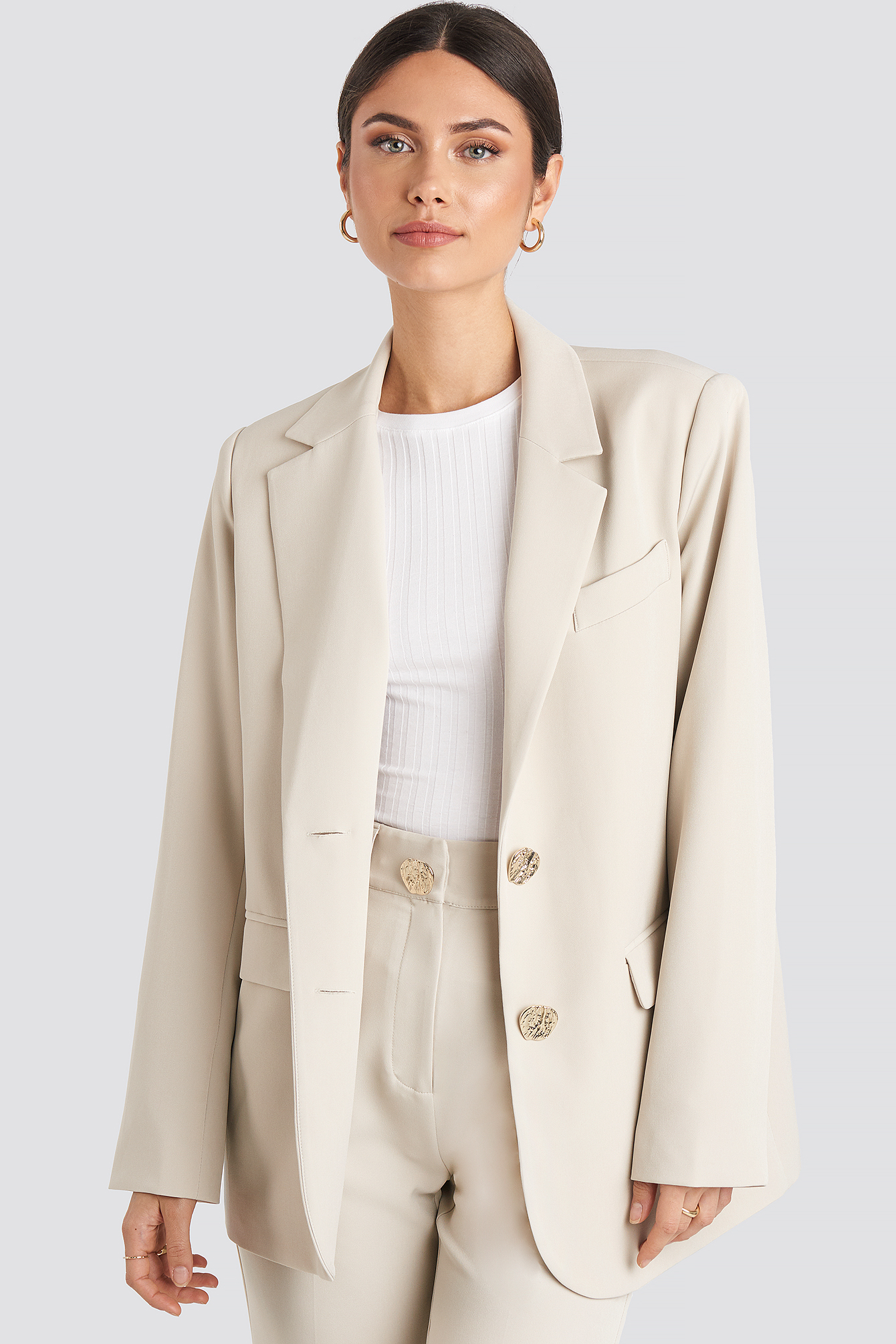 Gold Button Oversized Blazer Offwhite