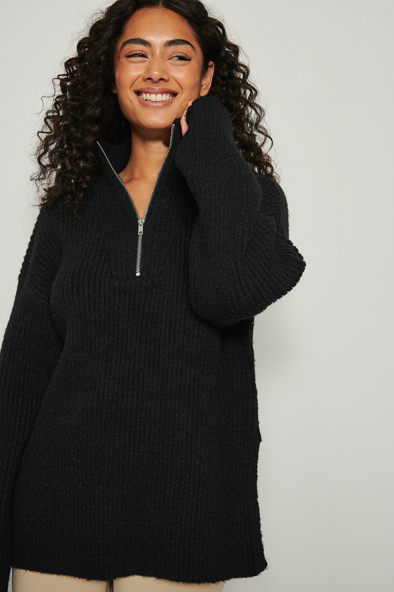 Black Half Zip Ribbed Knitted Sweater