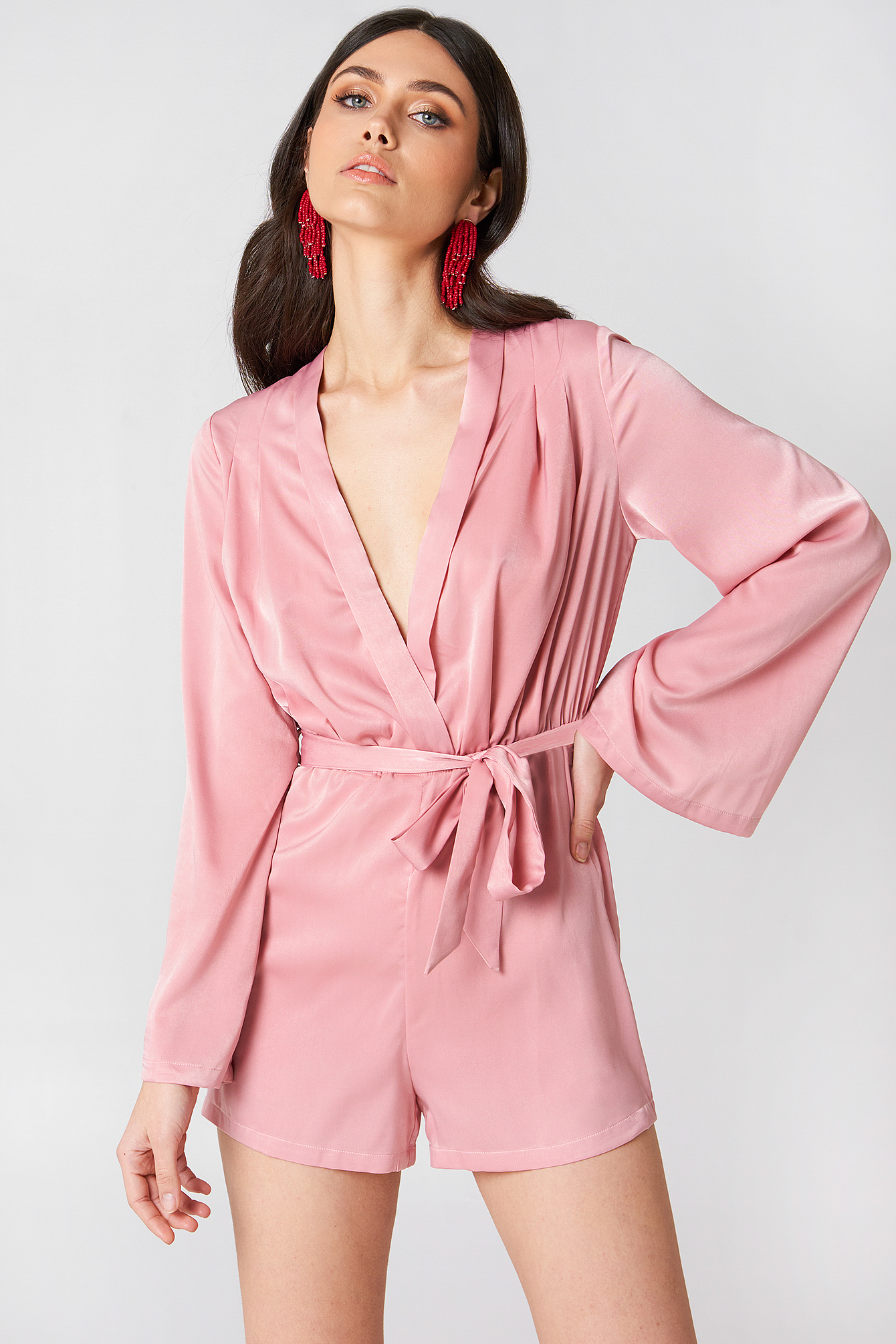 Deep V-neck Satin Playsuit Light Pink