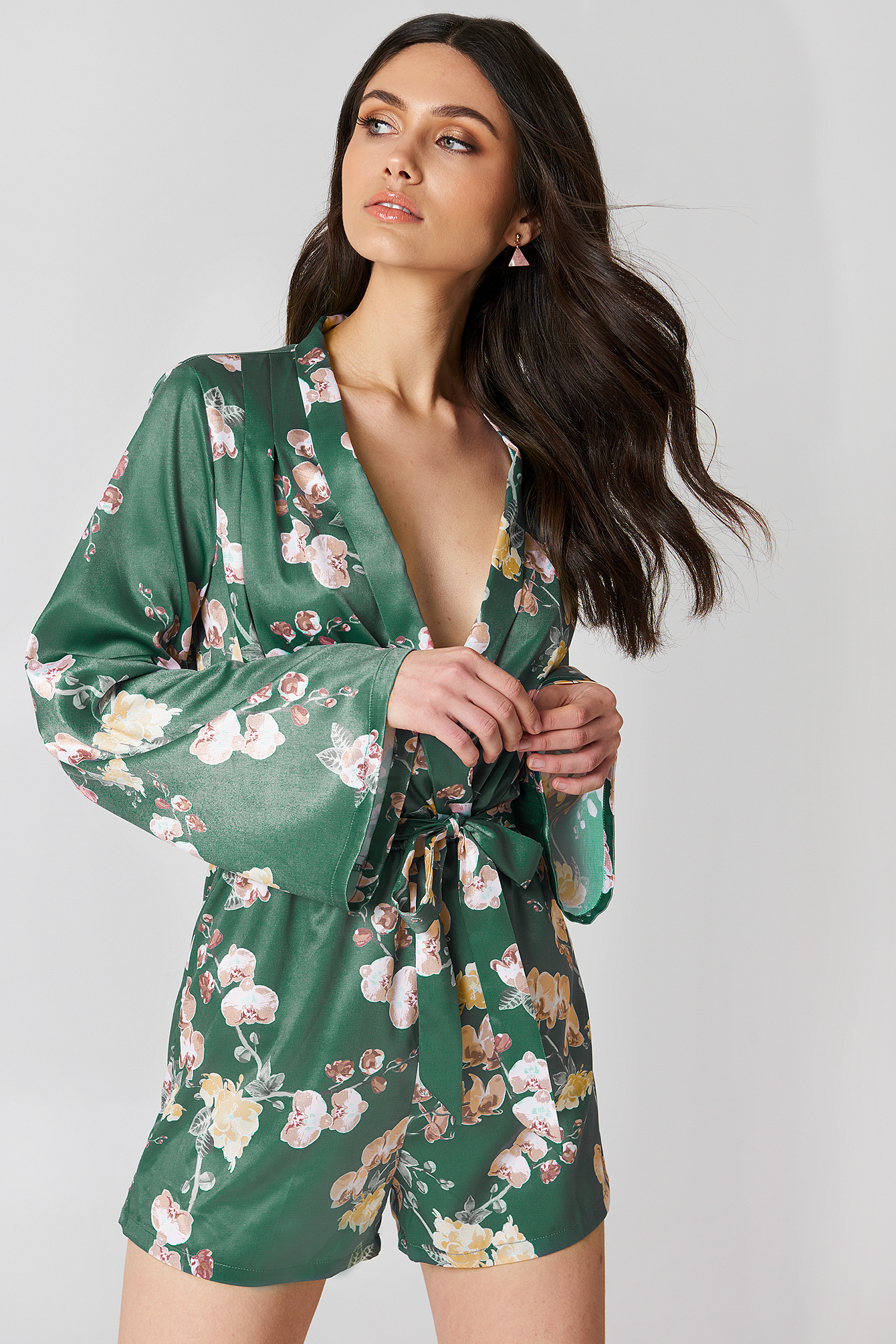 Deep V-neck Satin Playsuit Green Orchid Print