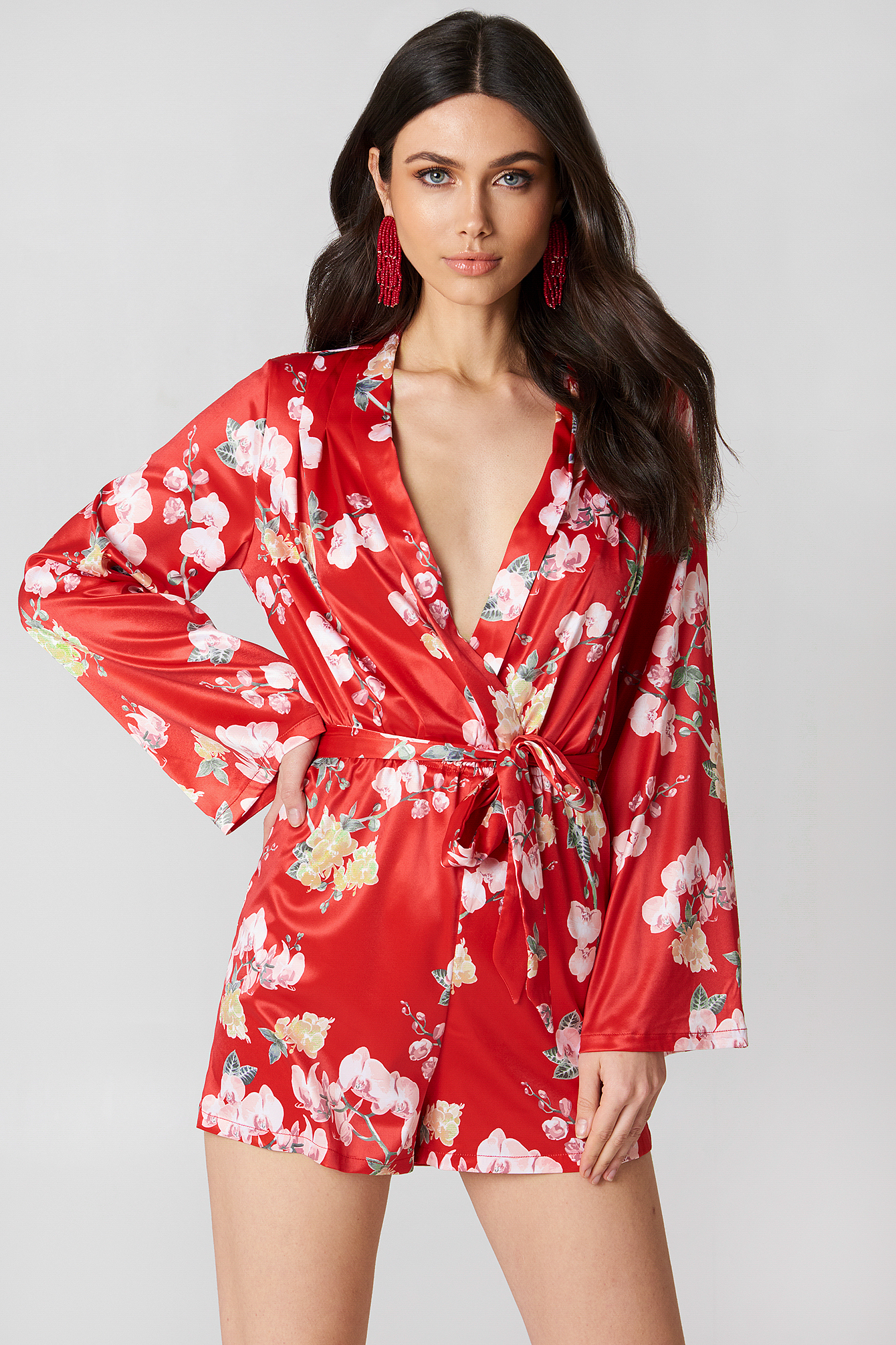 Deep V-neck Satin Playsuit Red Orchid Print