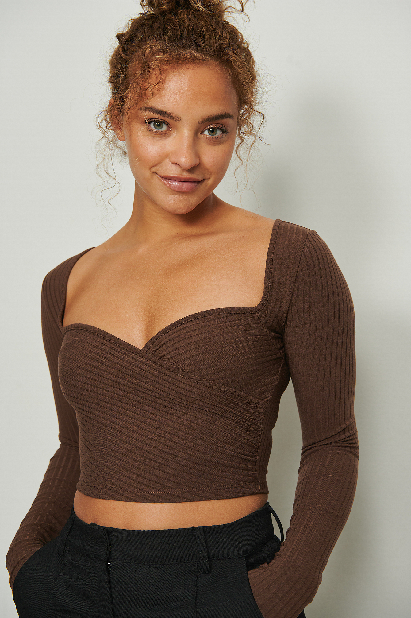 NA-KD Recycled Heart Neckline Wrap Top - Brown