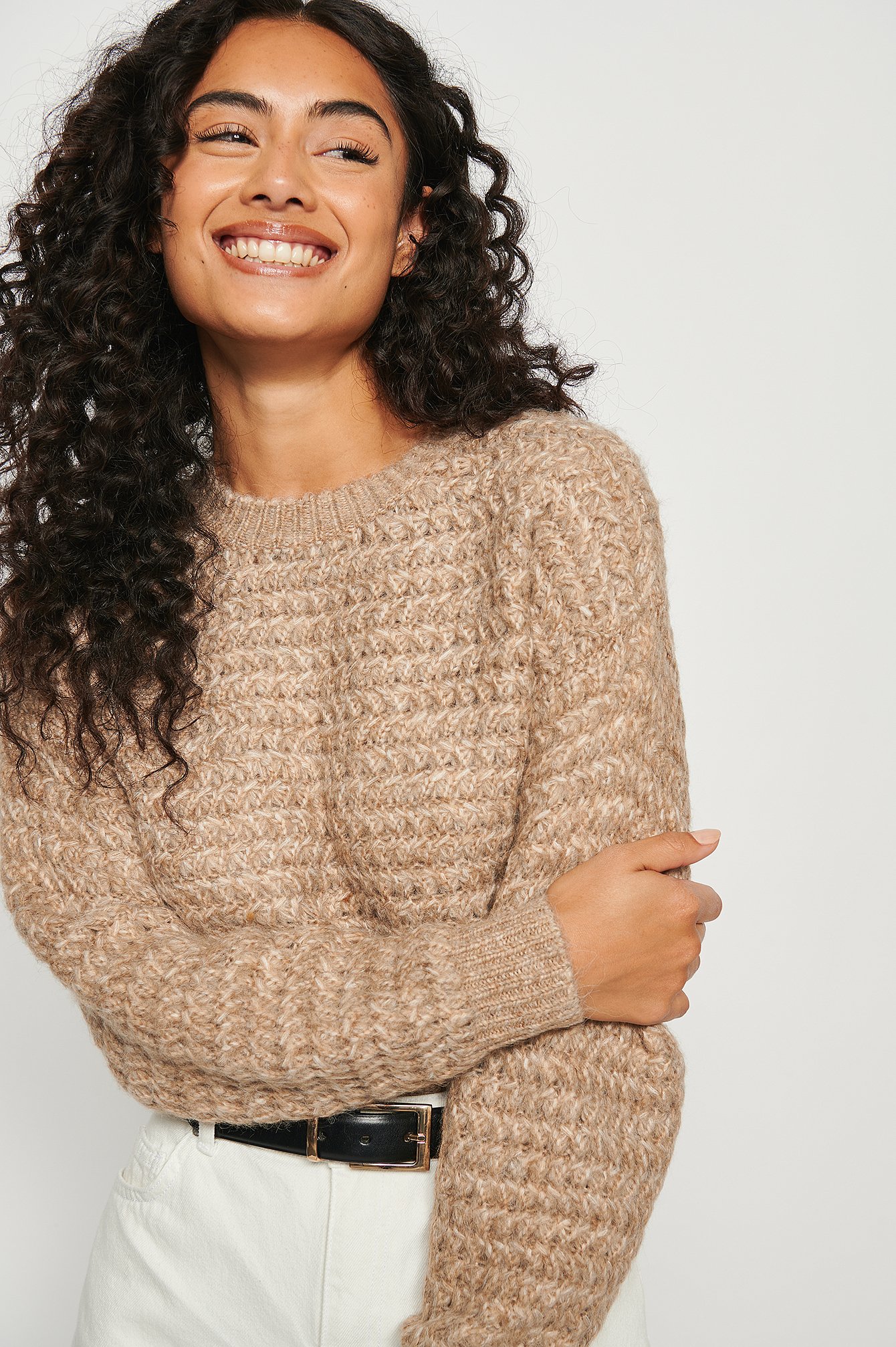 Beige Melange Heavy Knitted Round Neck Sweater