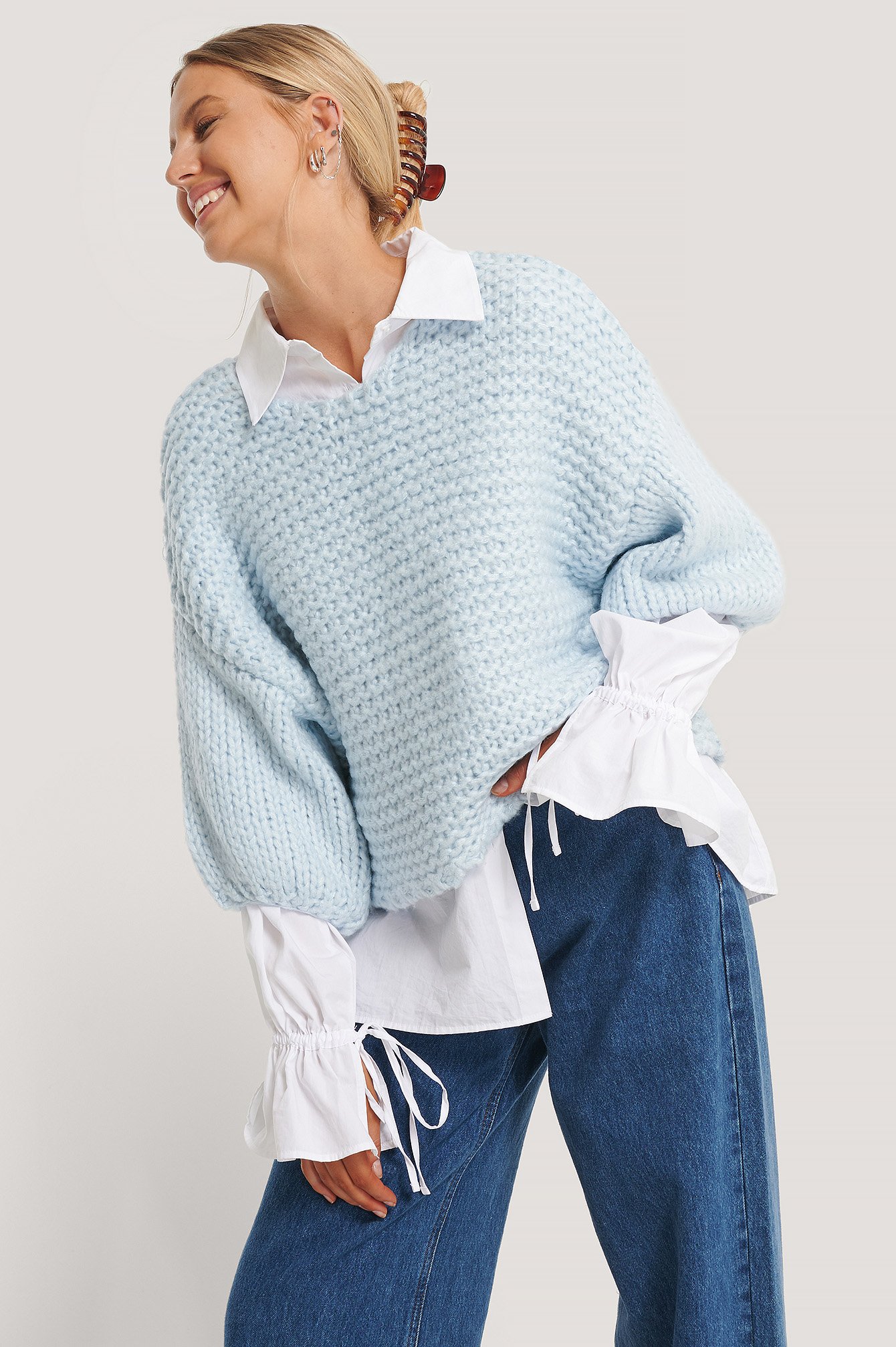 Blue Heavy Knitted Short Sleeve Sweater