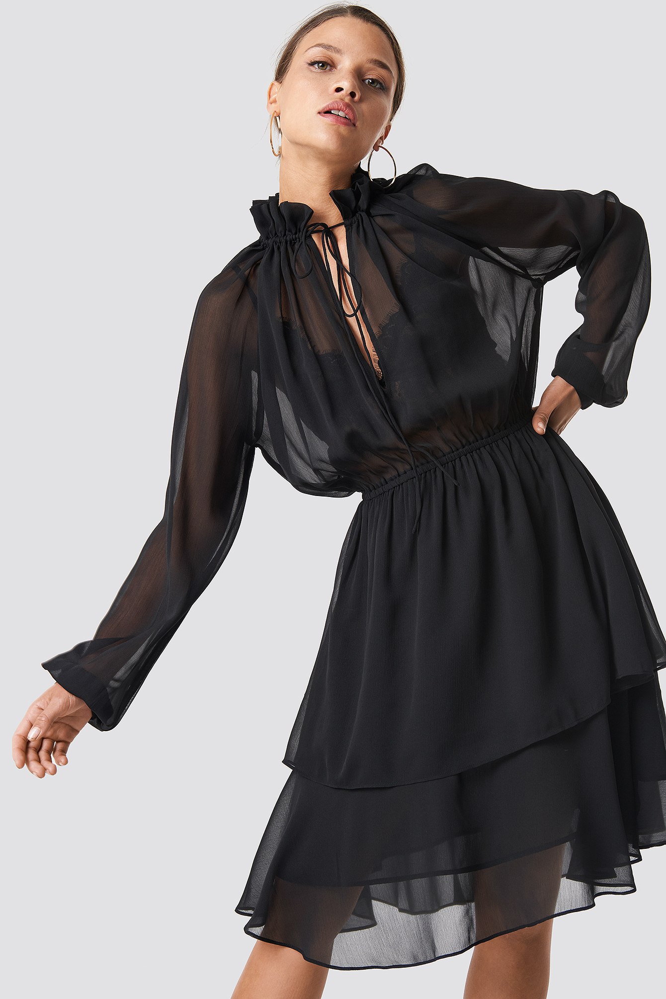 High Frill Neck Dress Black