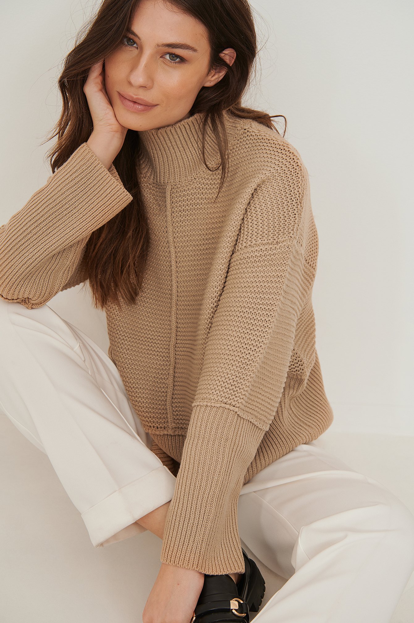 Beige High Neck Knitted Sweater