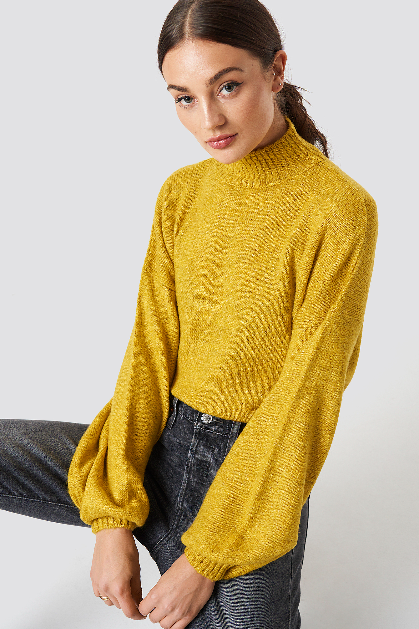 High Neck Balloon Sleeve Knitted Sweater Yellow | na-kd.com