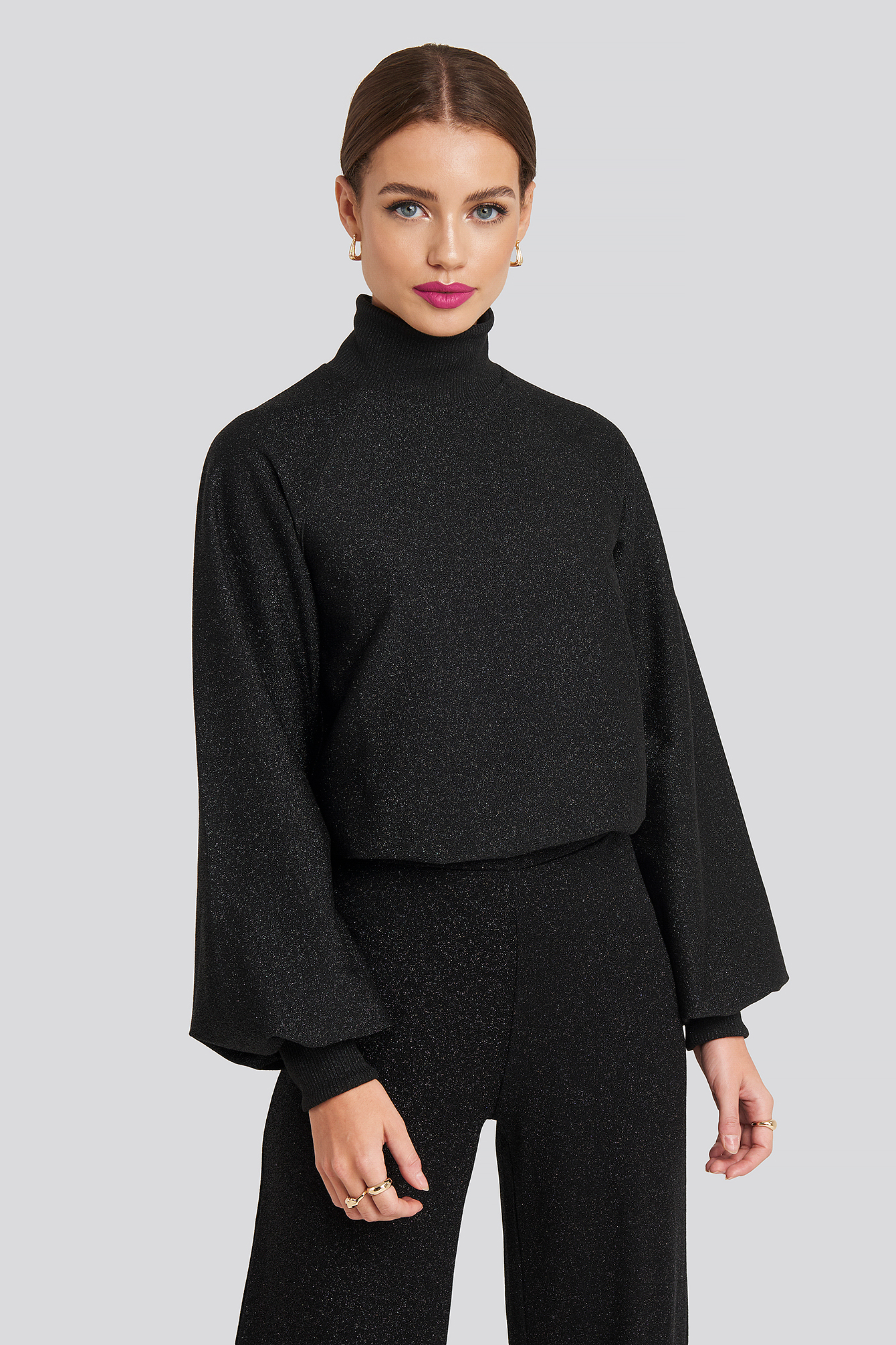 High Neck Balloon Sleeve Sweater Black