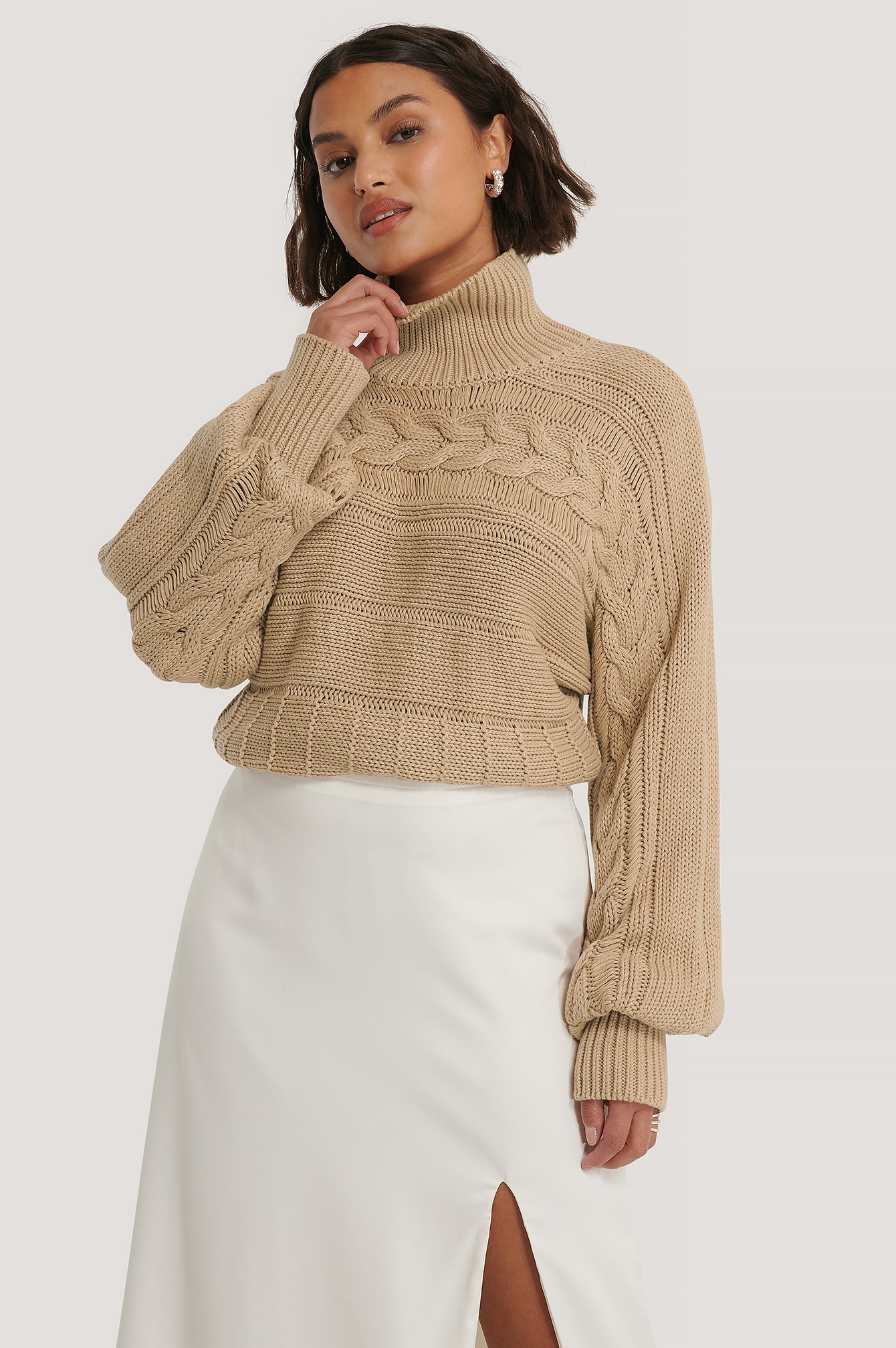 Beige NA-KD Trend High Neck Cable Detail Knitted Sweater