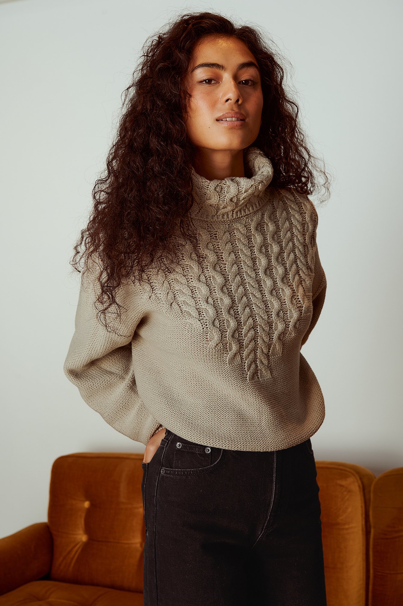 Grey High Neck Cable Detail Sweater