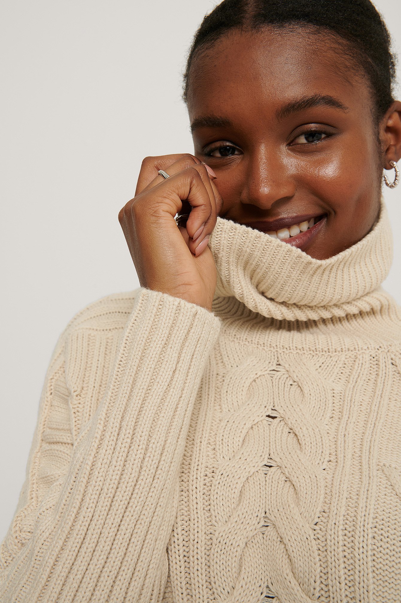 Light Beige High Neck Cable Knit Sweater
