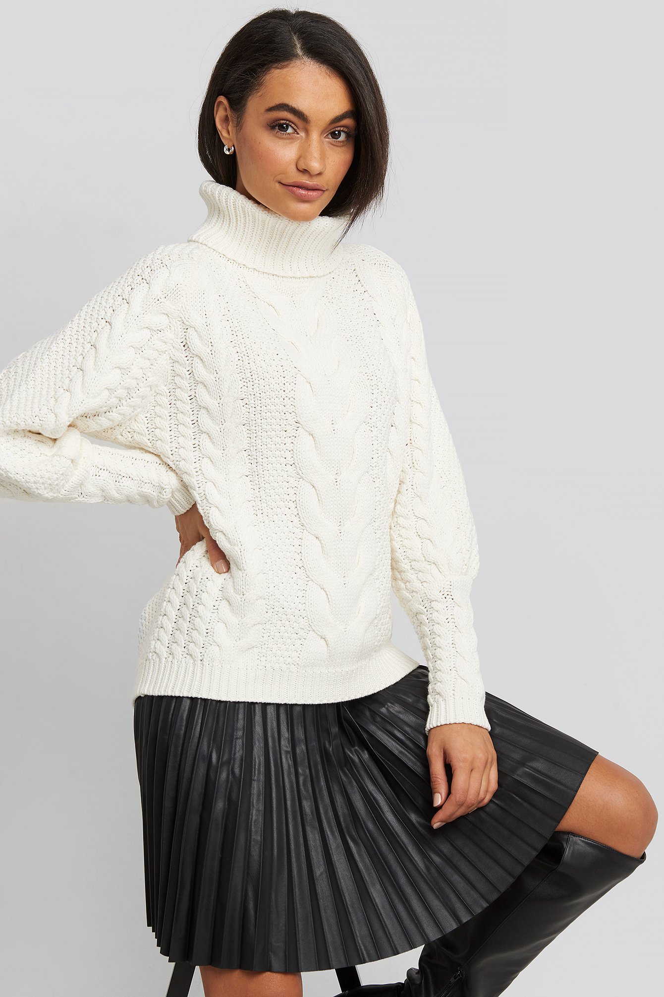 Offwhite High Neck Cable Knitted Ribbed Sleeve Sweater