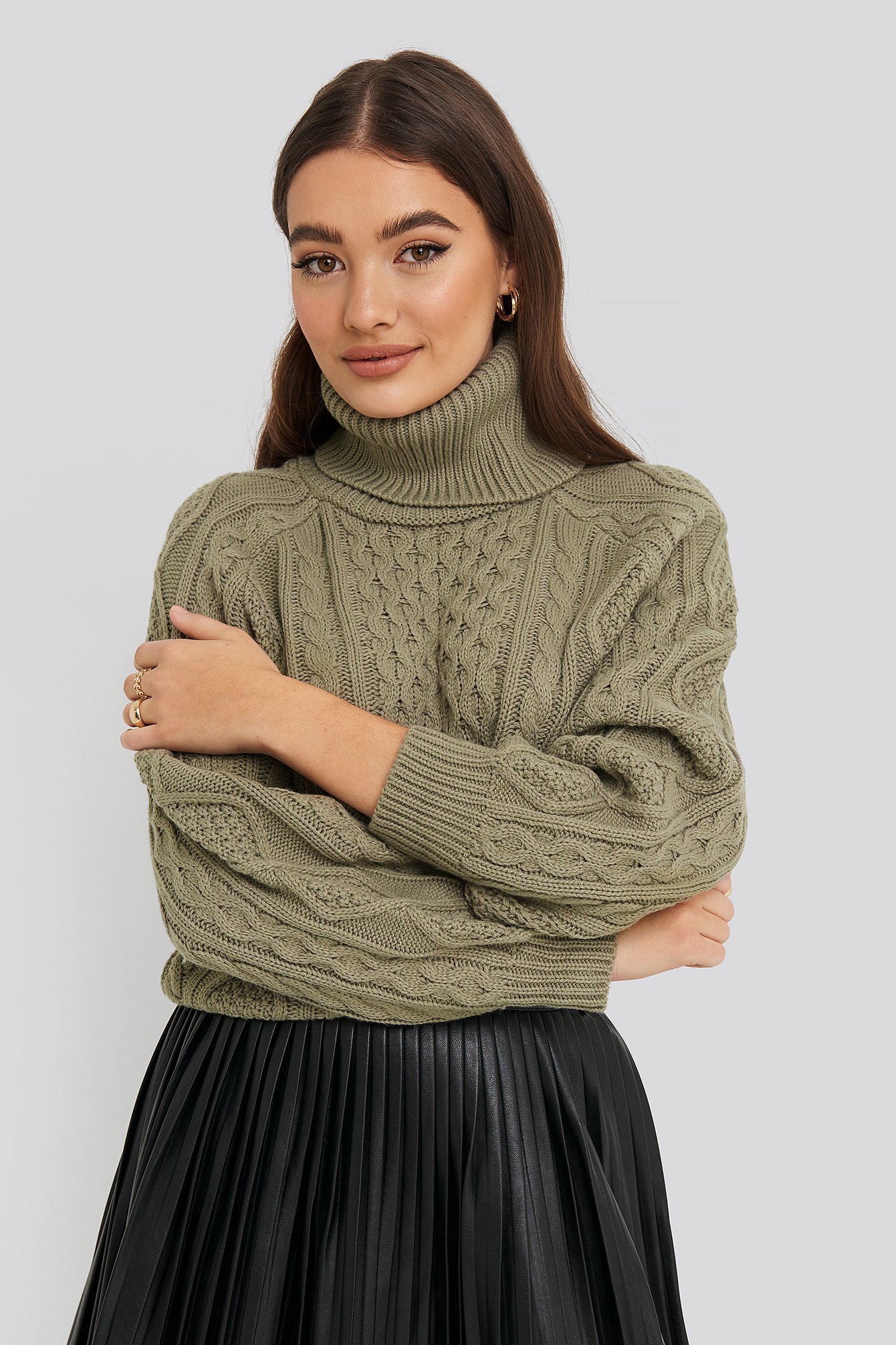 Khaki High Neck Cable Knitted Sweater