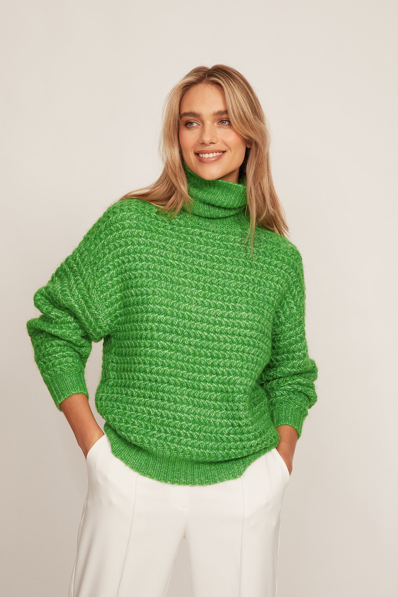 Green High Neck Chunky Knitted Sweater