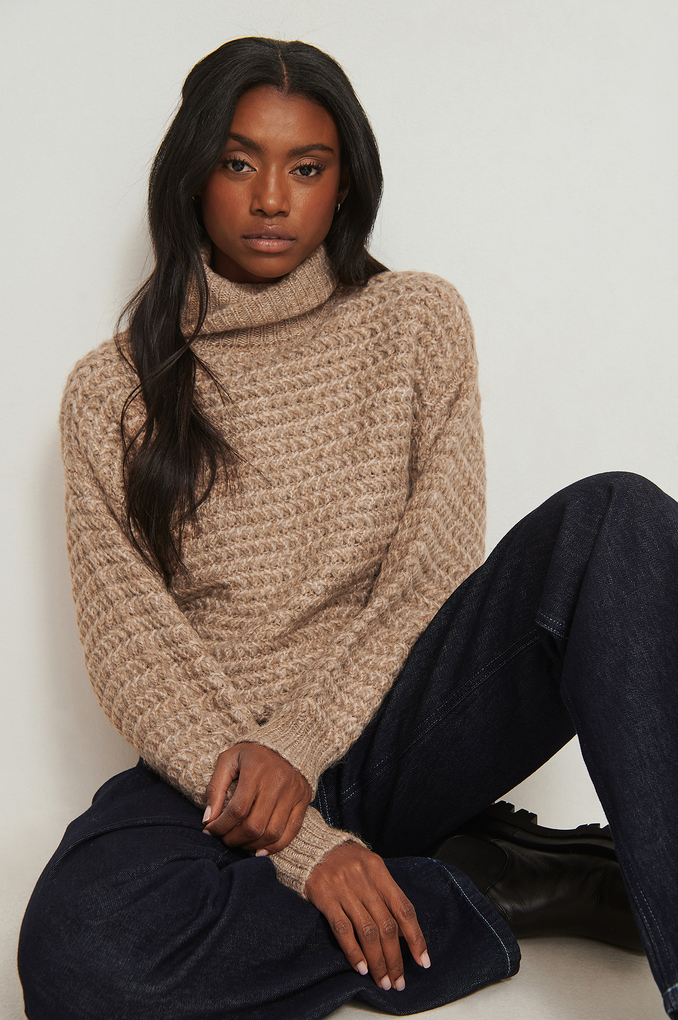 Beige Melange High Neck Chunky Knitted Sweater