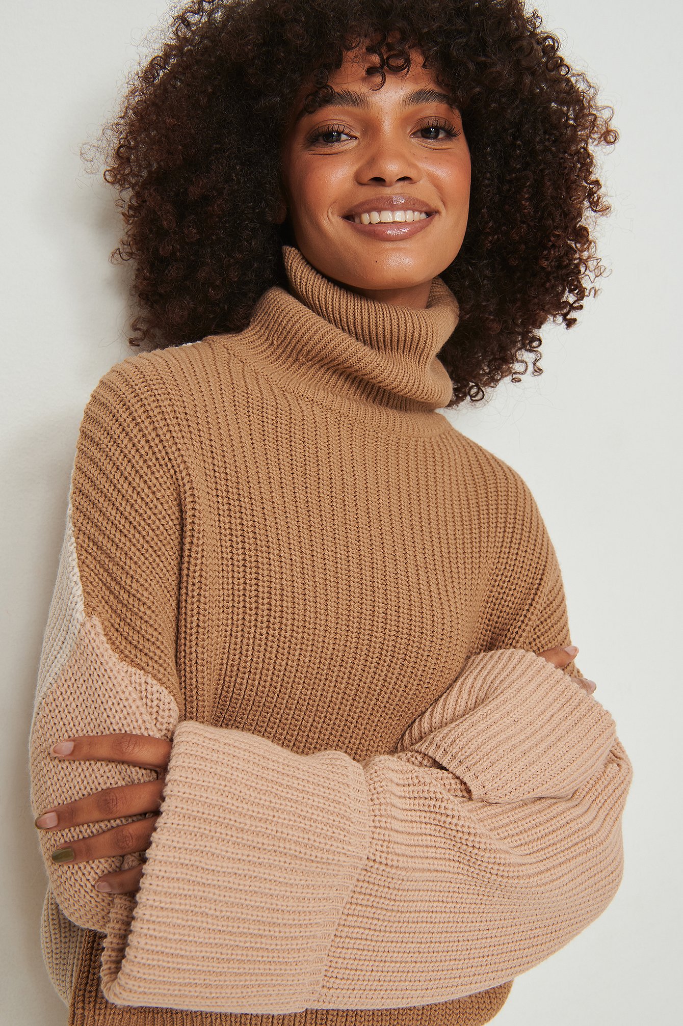 Beige High Neck Colour Block Knitted Sweater