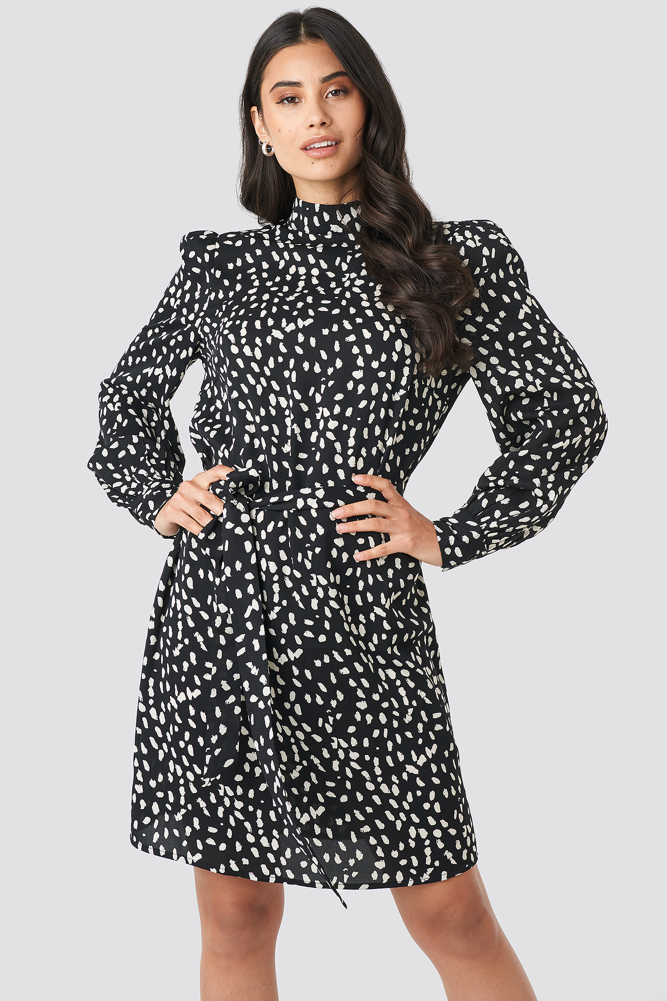 High Neck Dotted Dress Black