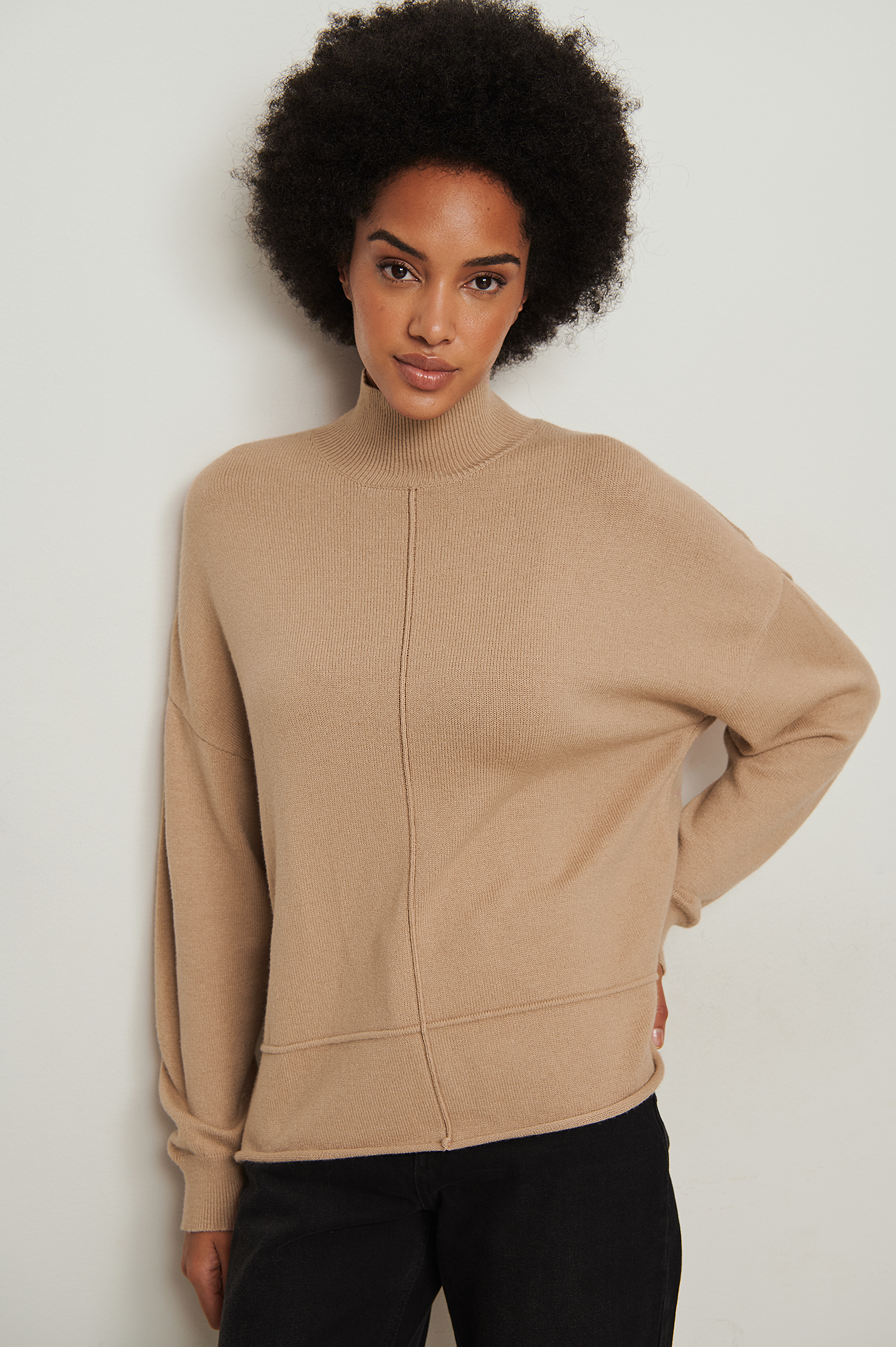Beige High Neck Dropped Shoulder Knitted Sweater