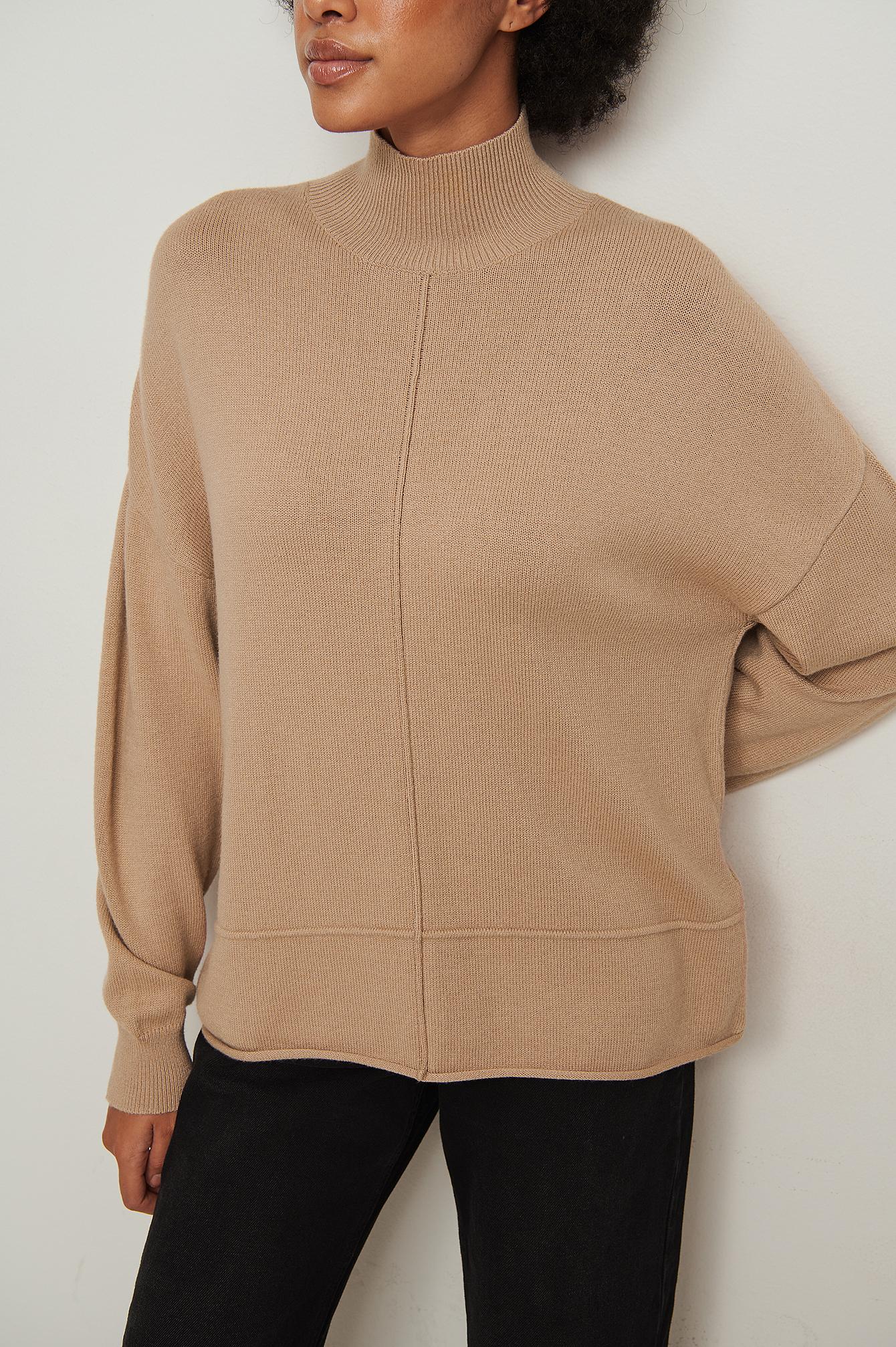 Beige High Neck Dropped Shoulder Knitted Sweater