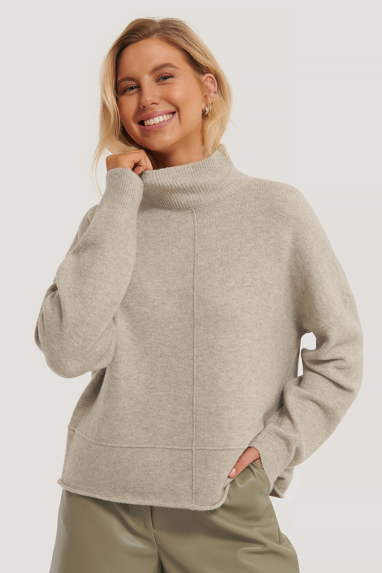 High Neck Dropped Shoulder Knitted Sweater Beige NAKD