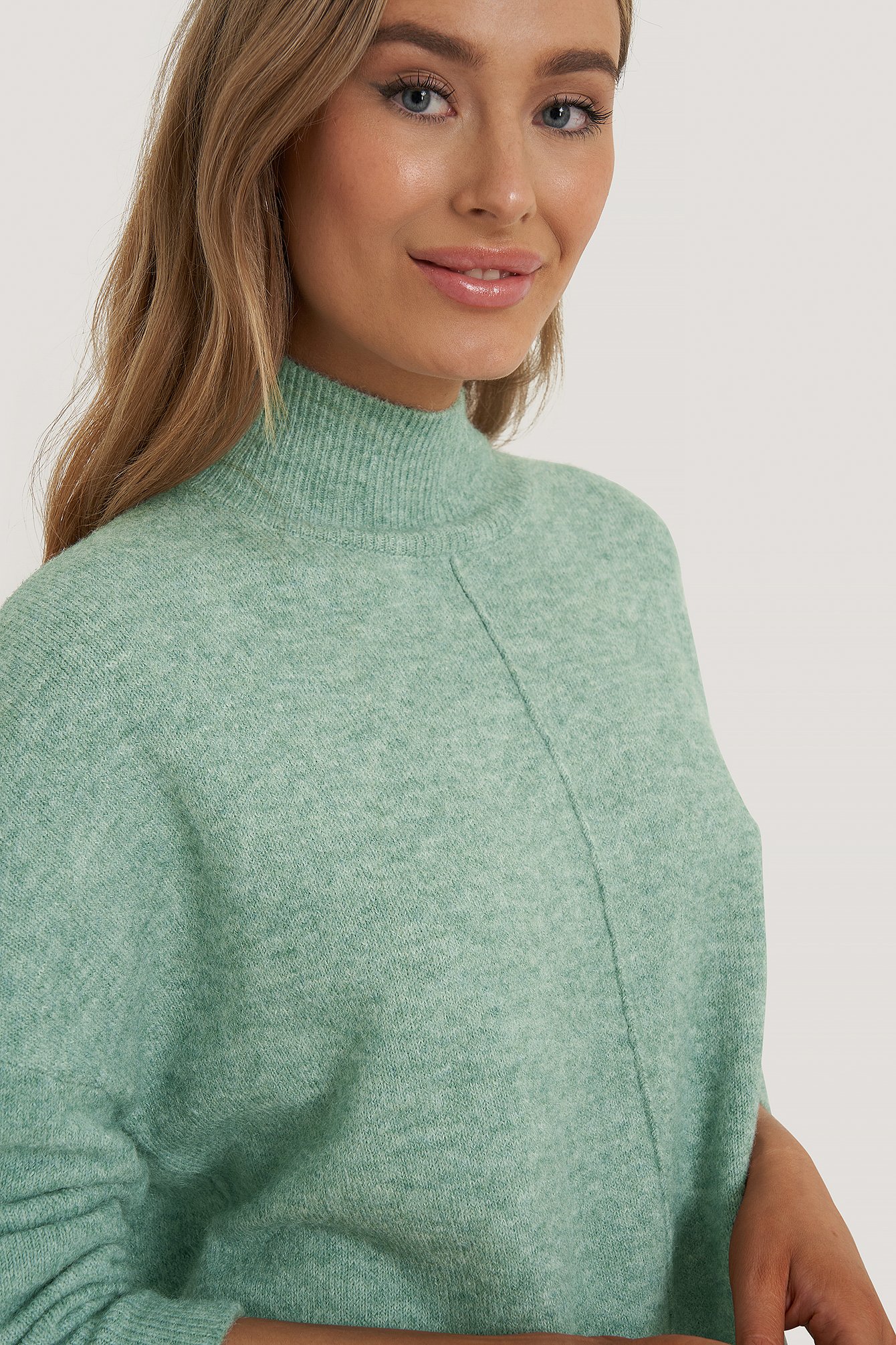 Green High Neck Dropped Shoulder Knitted Sweater