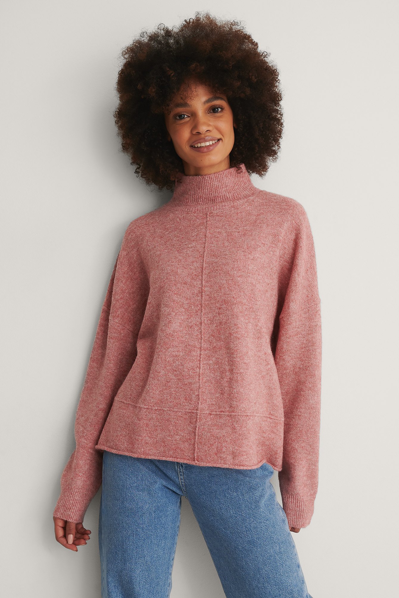 Pink High Neck Dropped Shoulder Knitted Sweater
