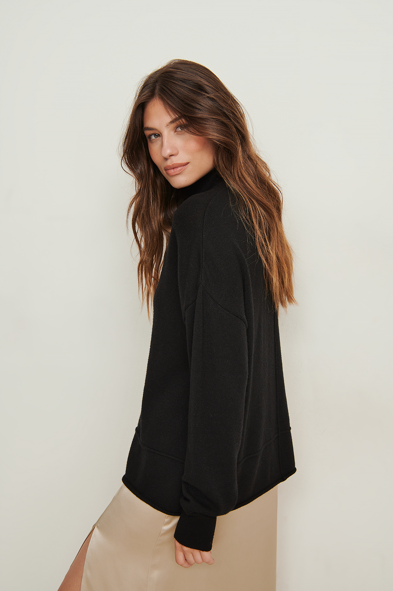 Black High Neck Dropped Shoulder Knitted Sweater