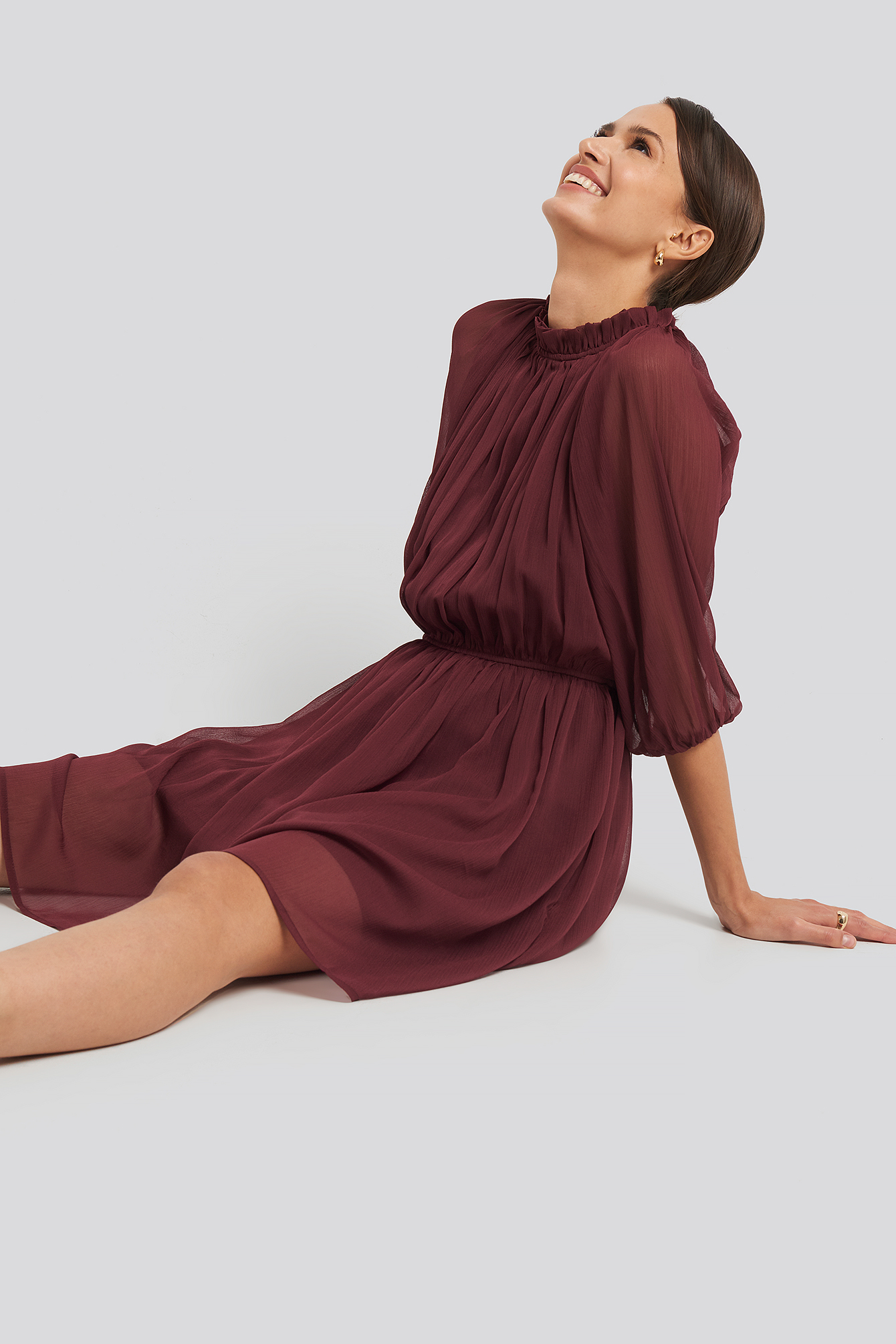 High Neck Elastic Waist Puff Dress Burgundy
