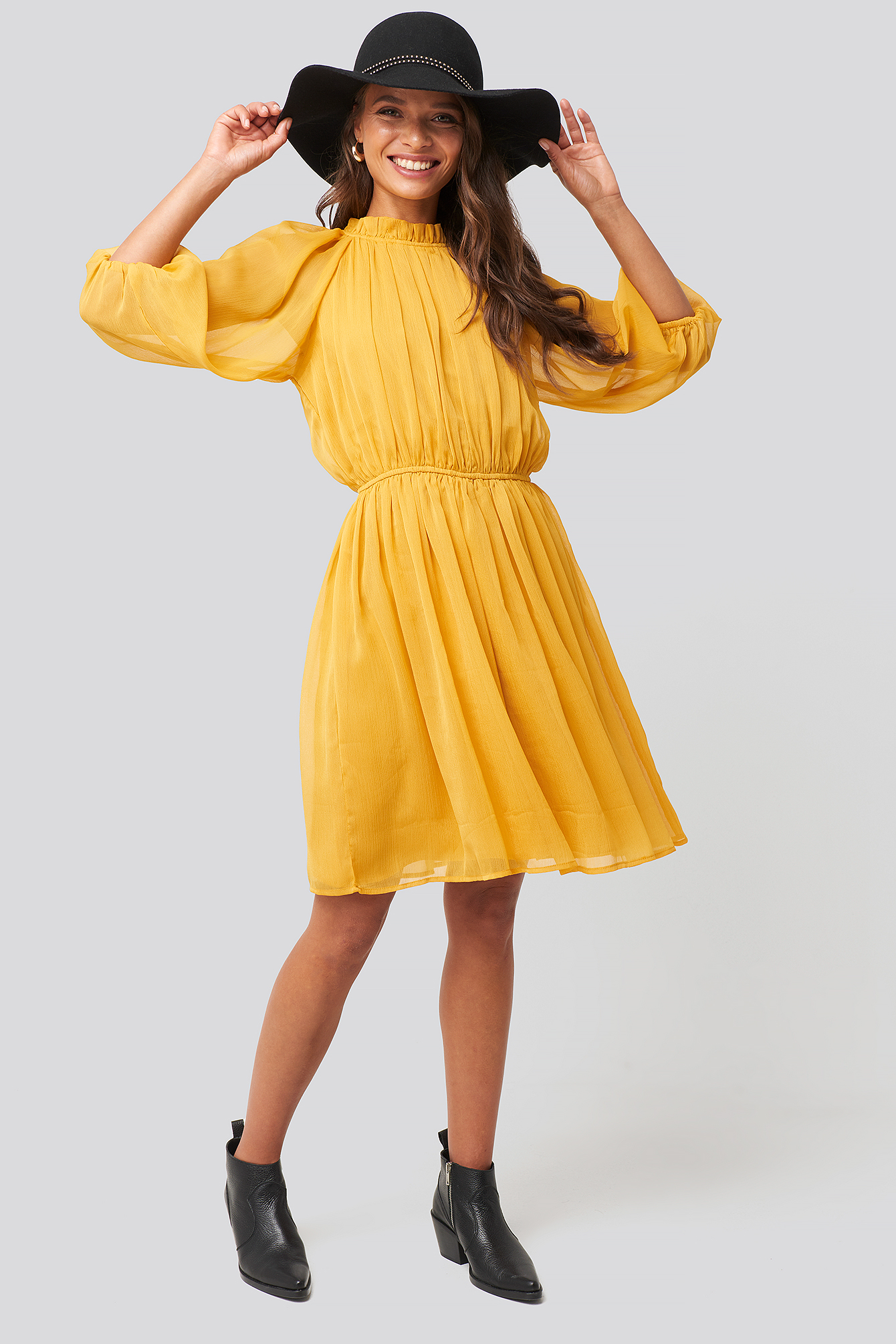 High Neck Elastic Waist Puff Dress Mustard