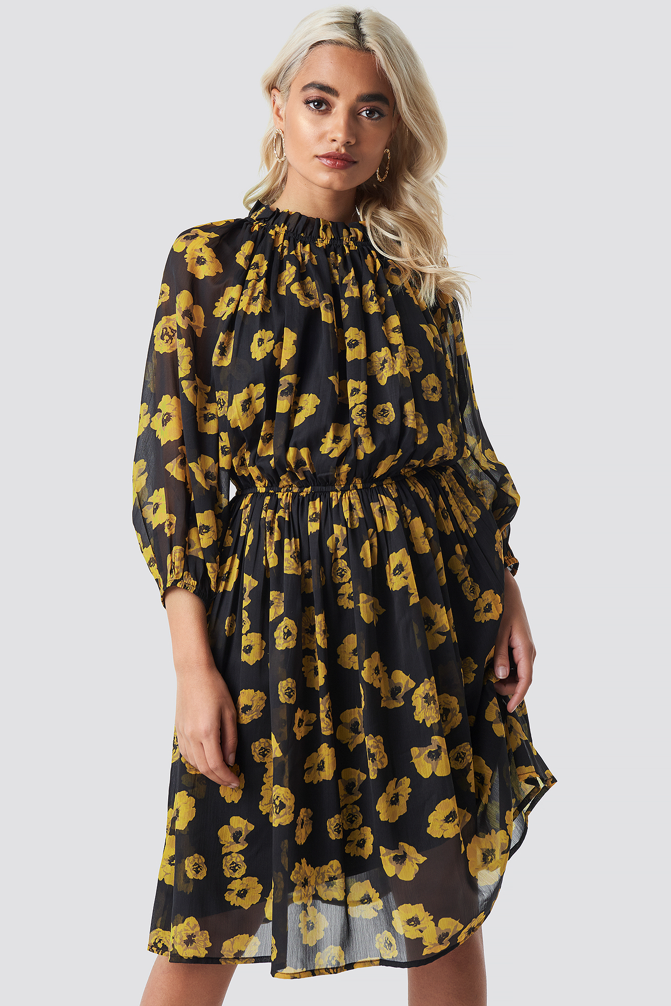 High Neck Elastic Waist Puff Dress Poppy Orange Flowers