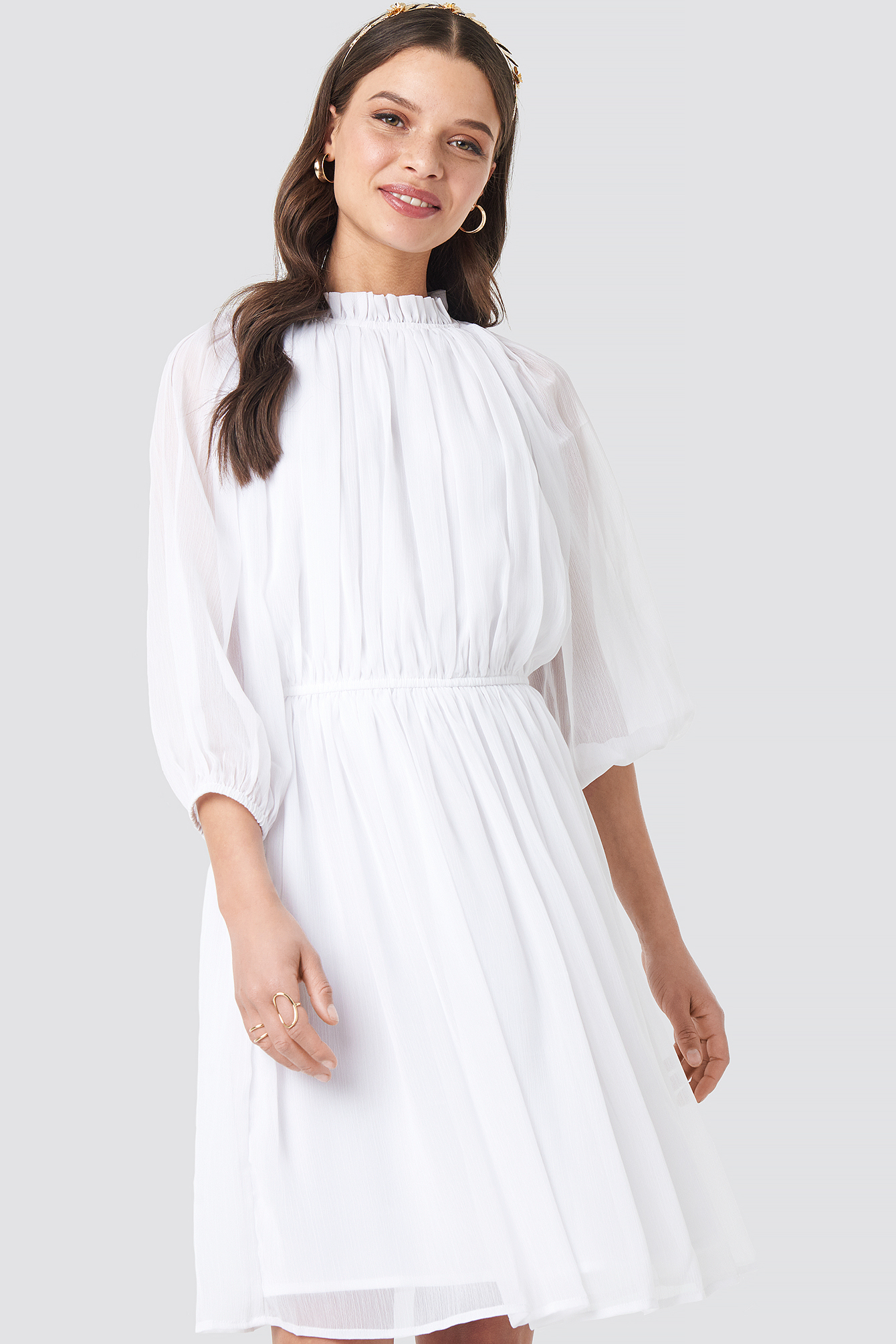 High Neck Elastic Waist Puff Dress White