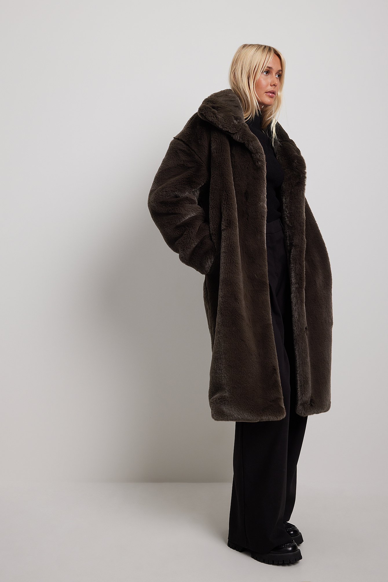 High Neck Faux Fur Coat Brown | NA-KD