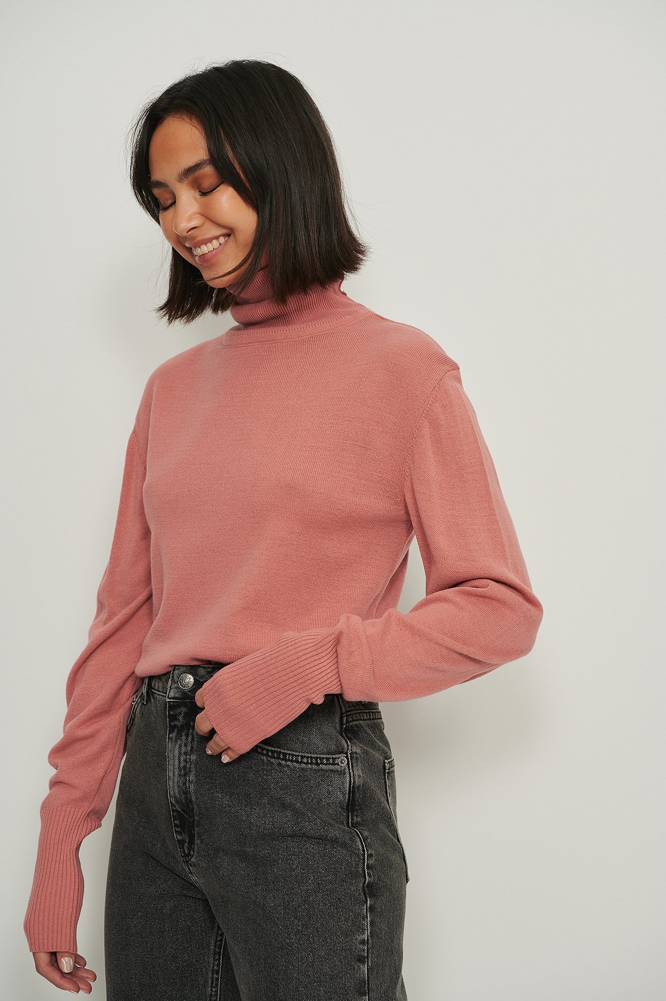 Dusty Pink High Neck Fine Knitted Sweater