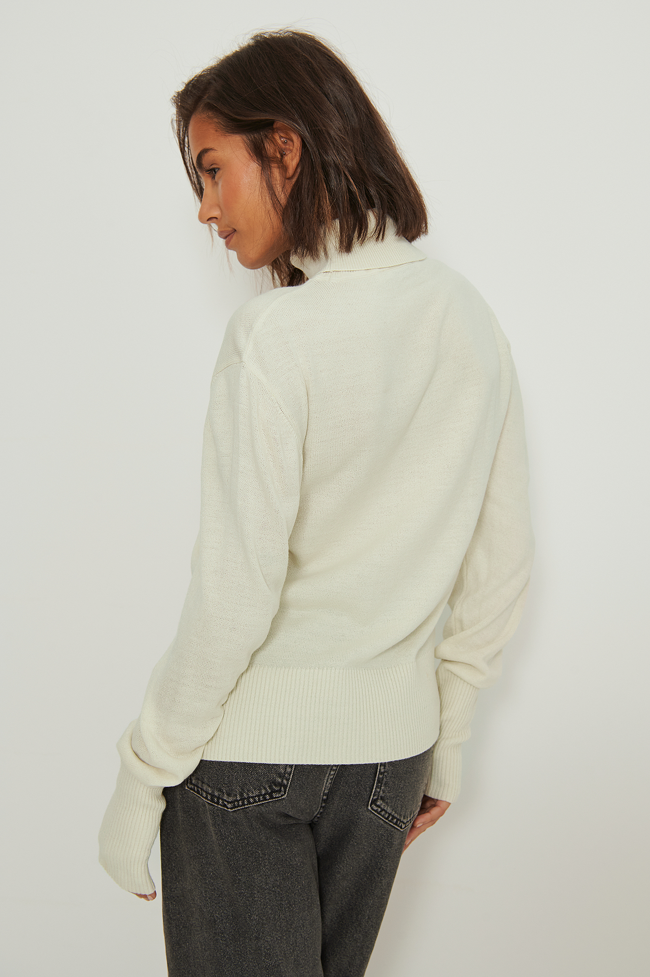 Light Beige Melange High Neck Fine Knitted Sweater