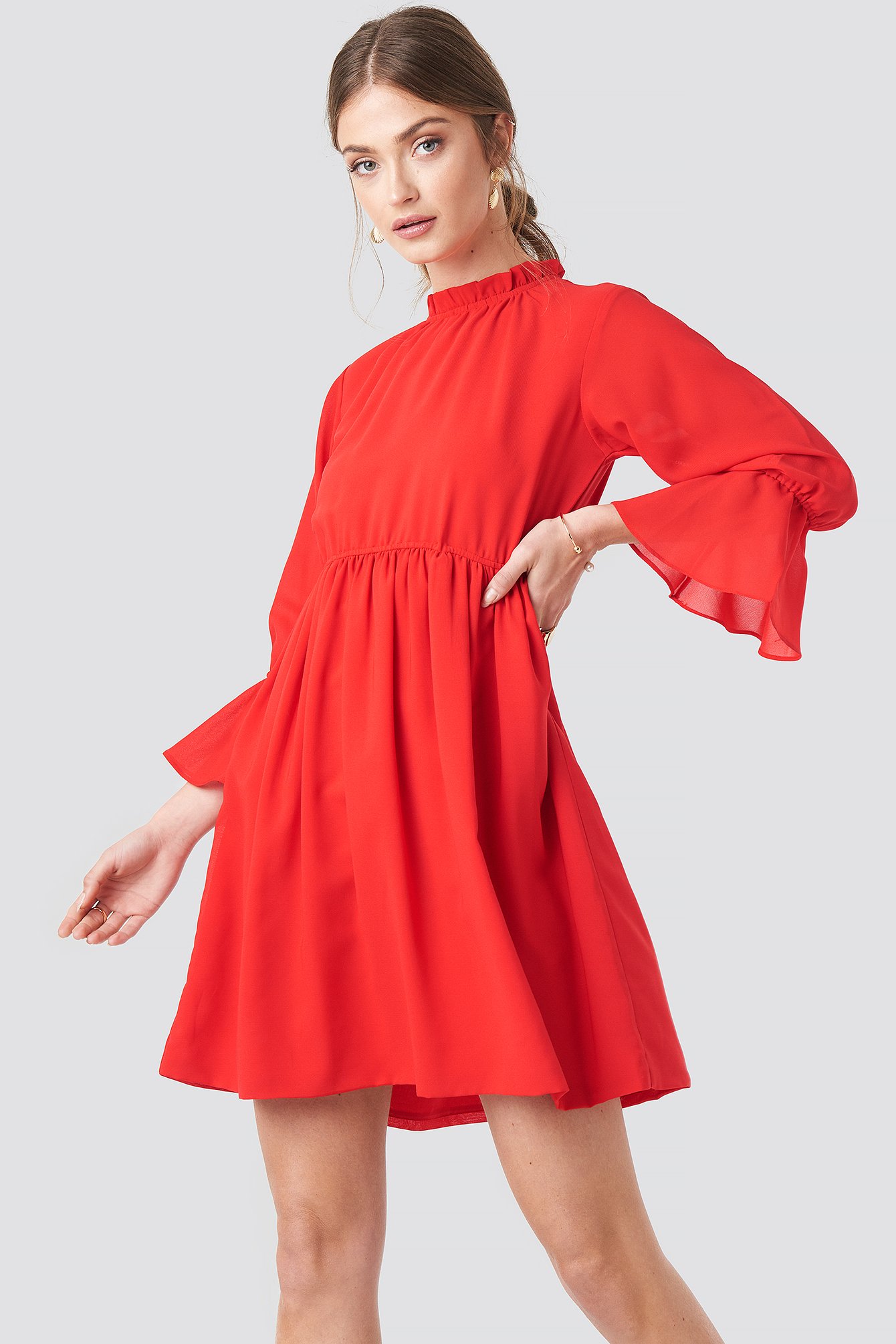 Red NA-KD Boho High Neck Flare Mini Dress