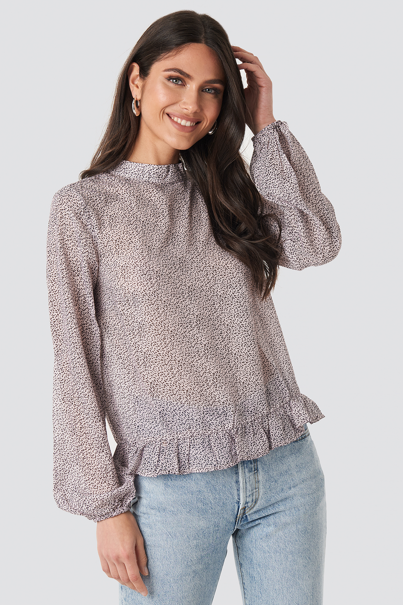 High Neck Flounce Blouse Light Purple