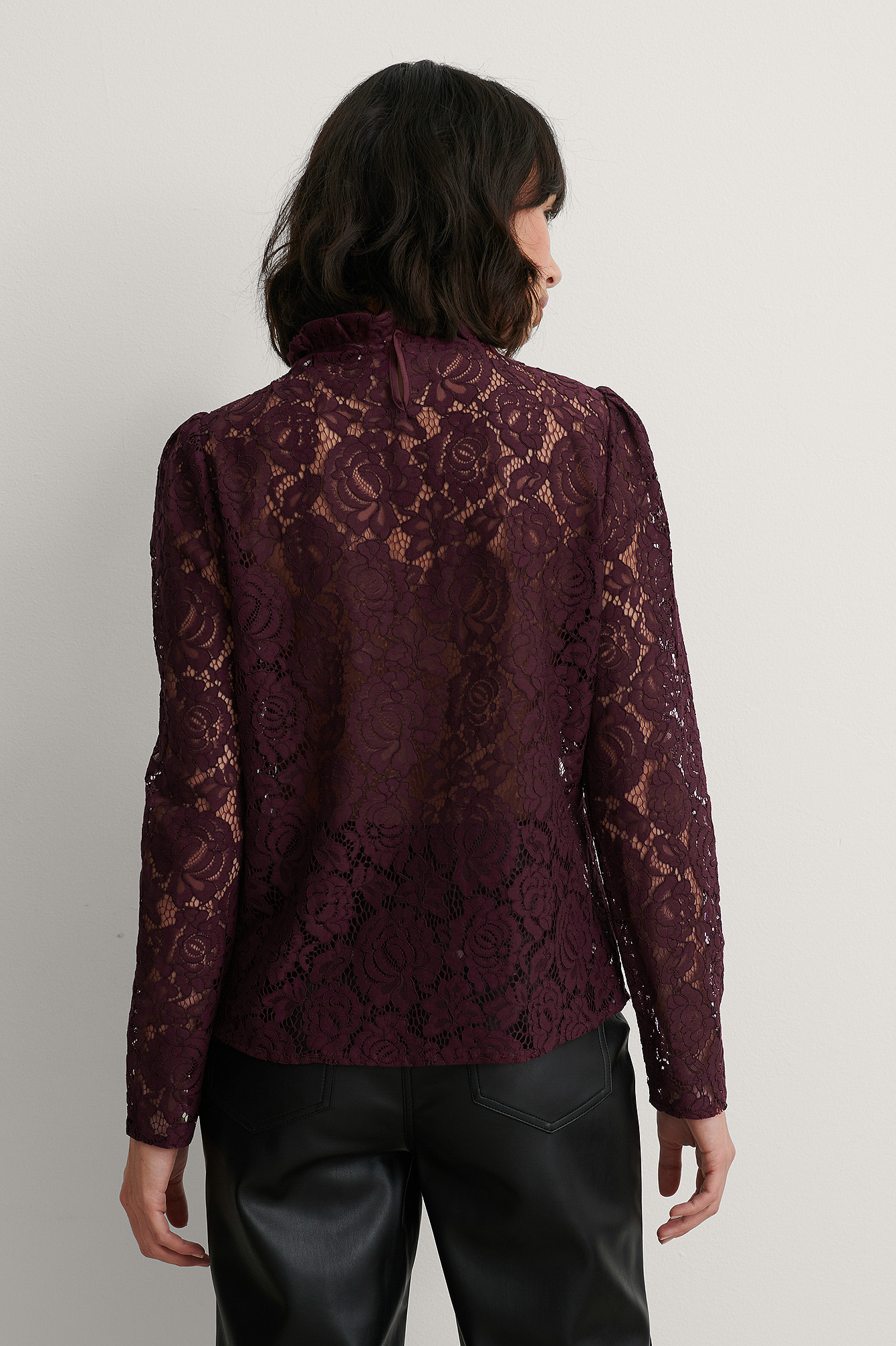 Burgundy High Neck Frill Lace Blouse