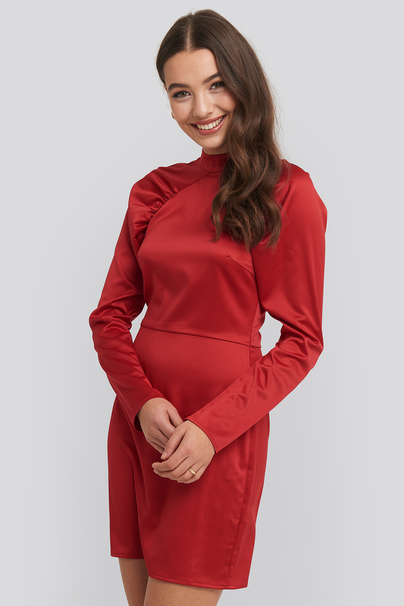 High Neck Gathered Sleeve Dress Red