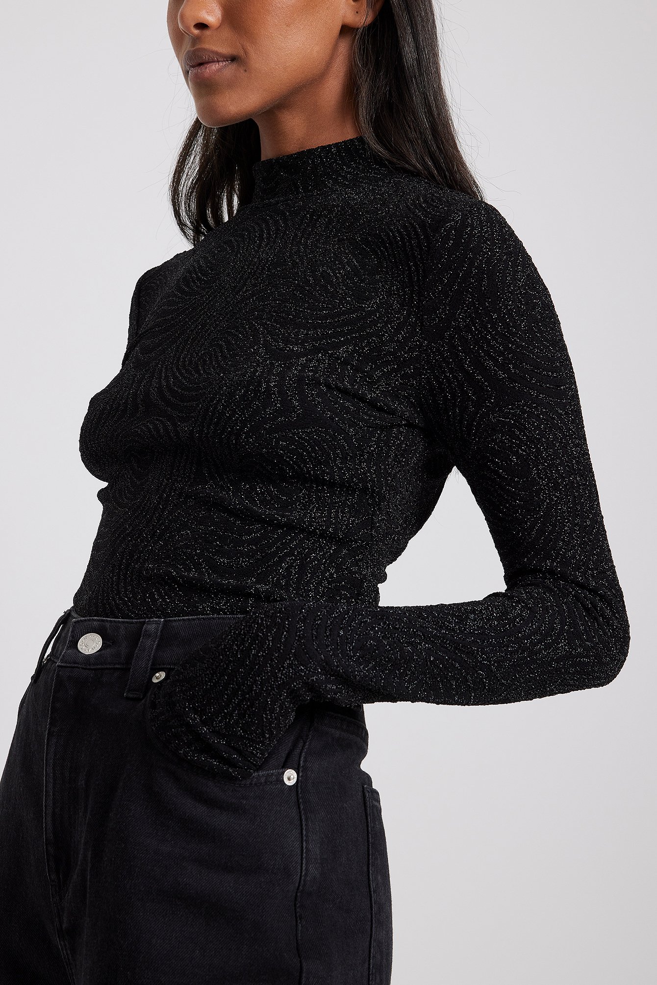 High Neck Glitter Open Back Top Black NAKD