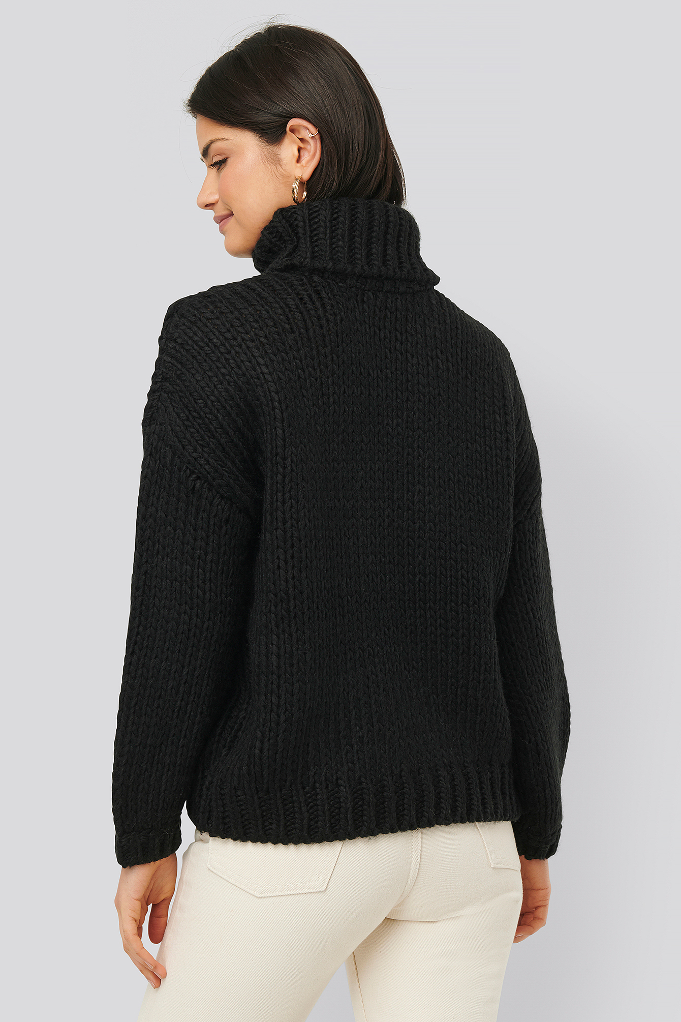 Black Wool Blend High Neck Heavy Cable Knitted Sweater