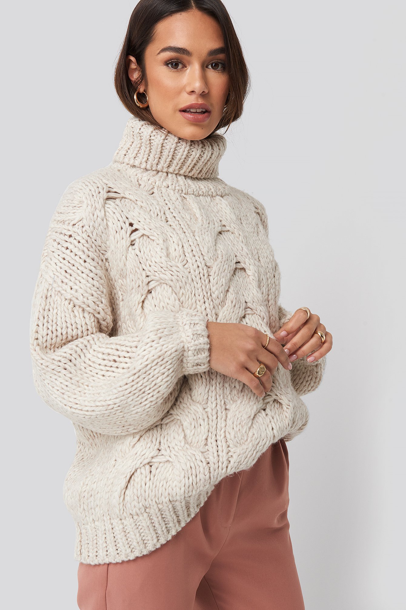 Wool Blend High Neck Heavy Cable Knitted Sweater White | na-kd.com