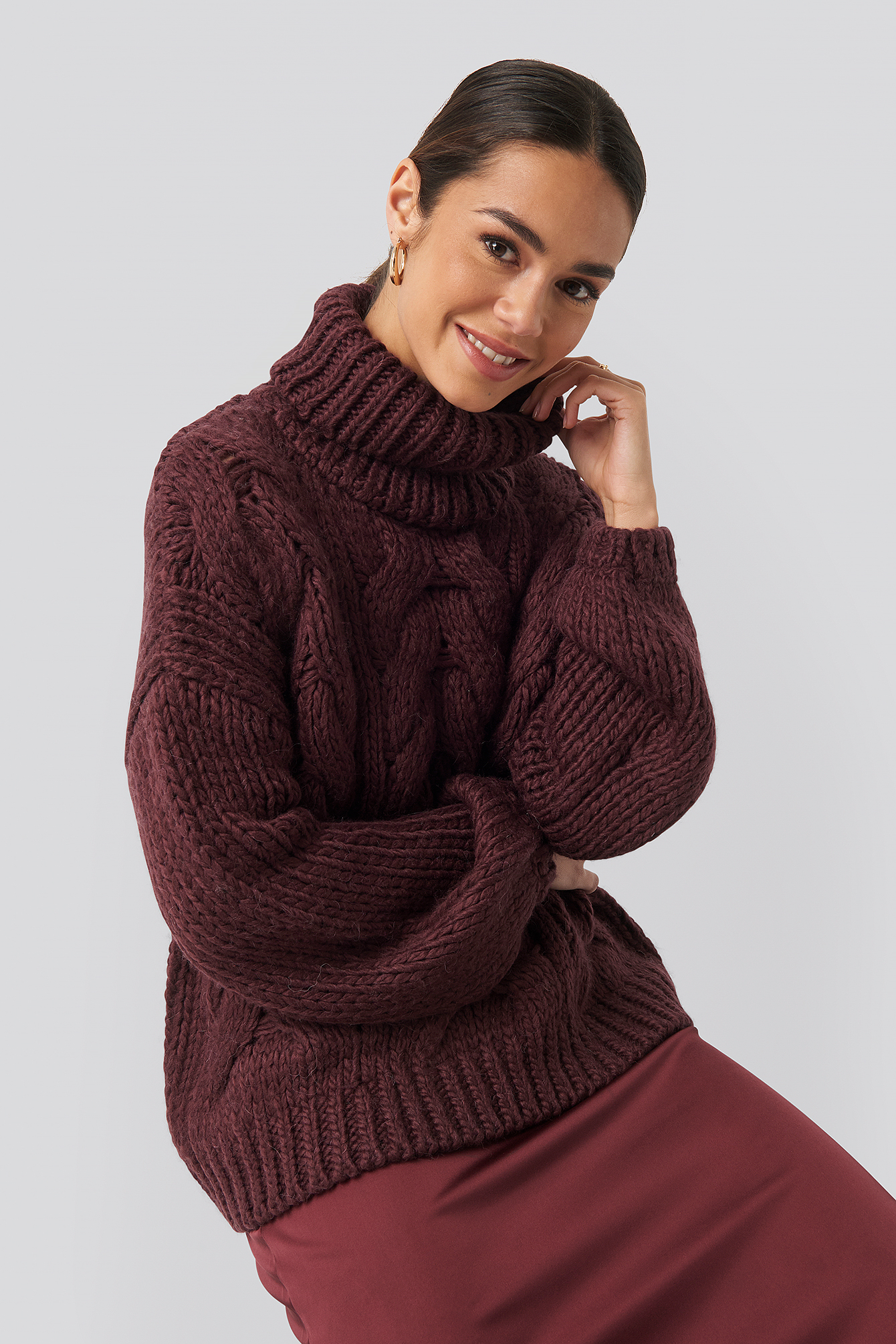 Wool Blend High Neck Heavy Cable Knitted Sweater Plum