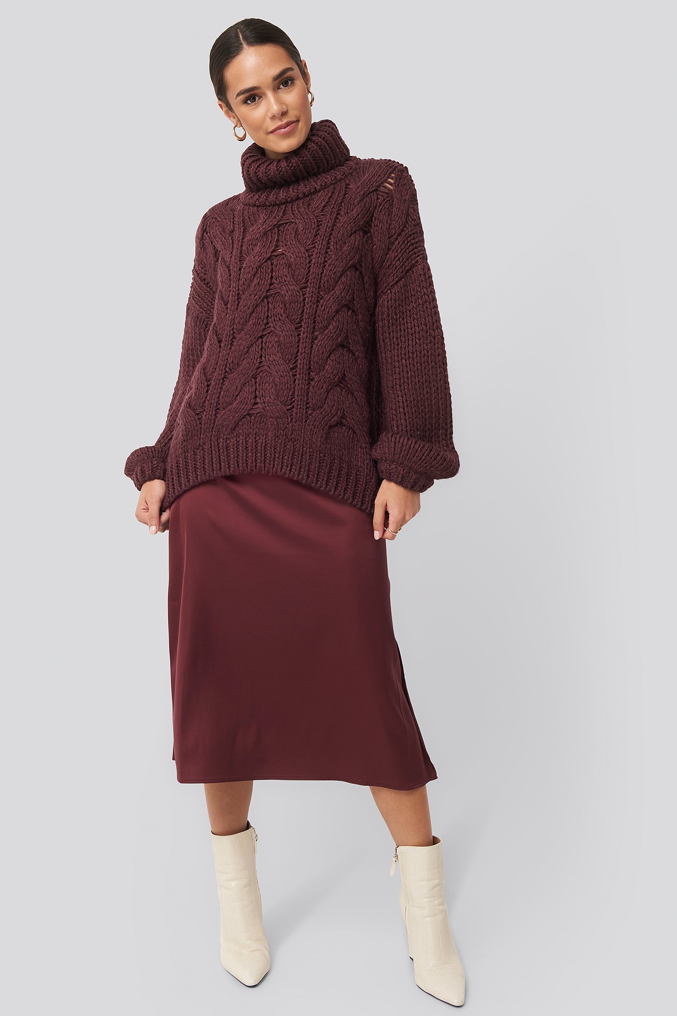 Plum Wool Blend High Neck Heavy Cable Knitted Sweater