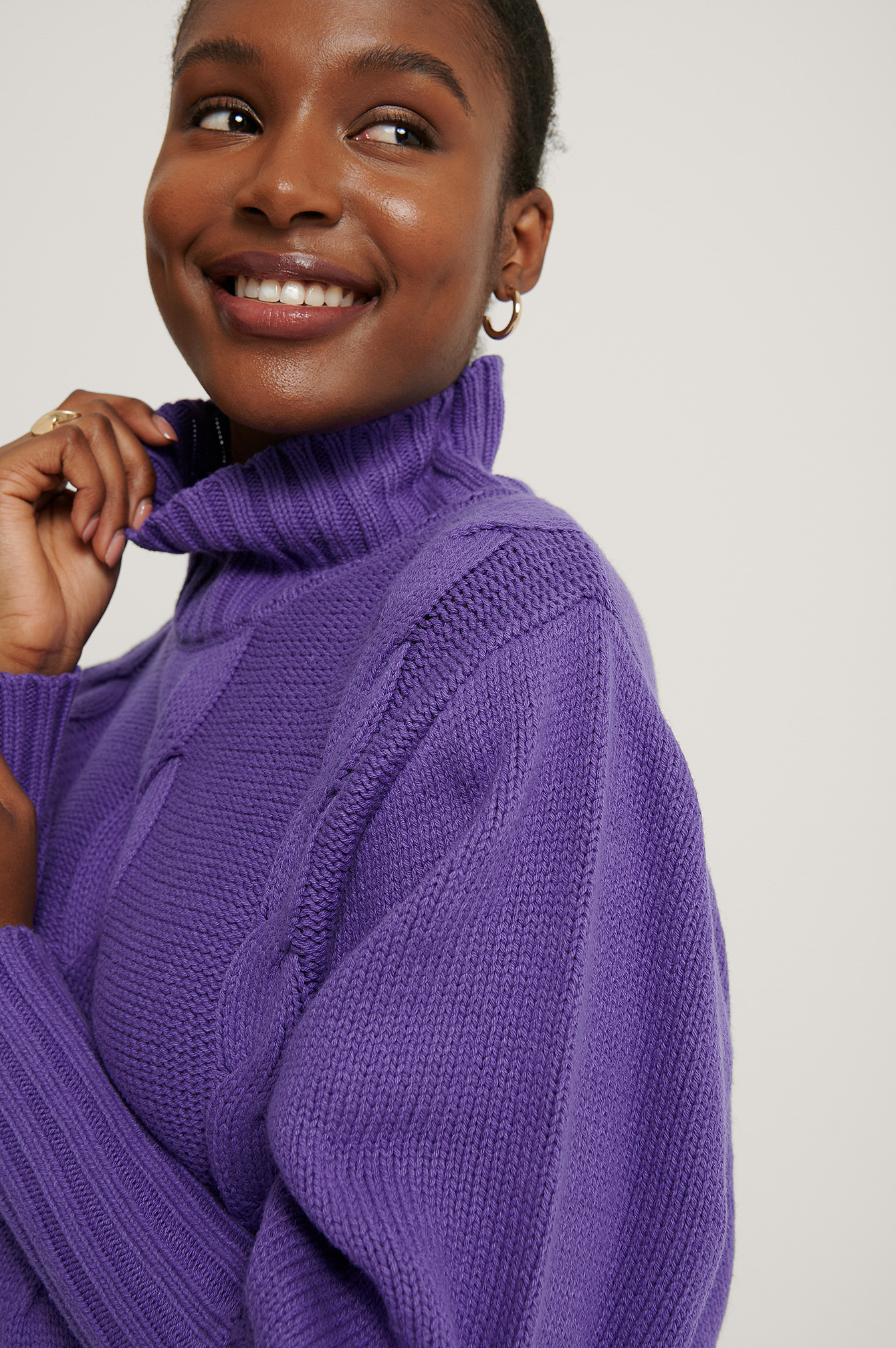 Purple High Neck Knit Balloon Sleeve Sweater