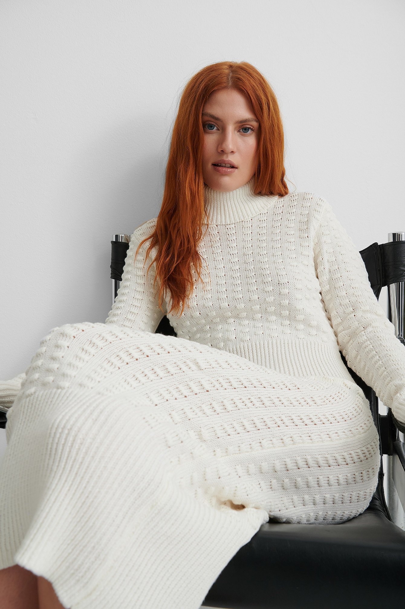 High Neck Knitted Dress Offwhite NAKD