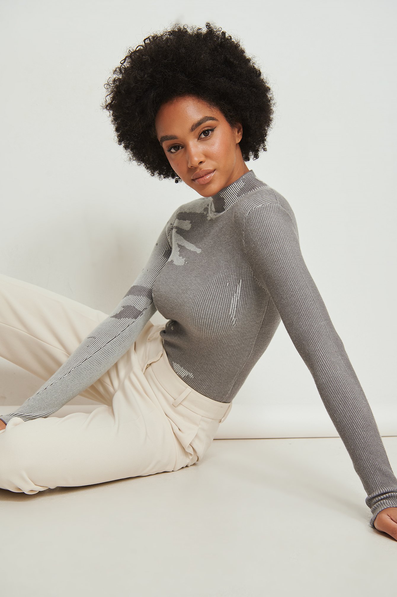 Grey Multi High Neck Knitted Jacquard Sweater