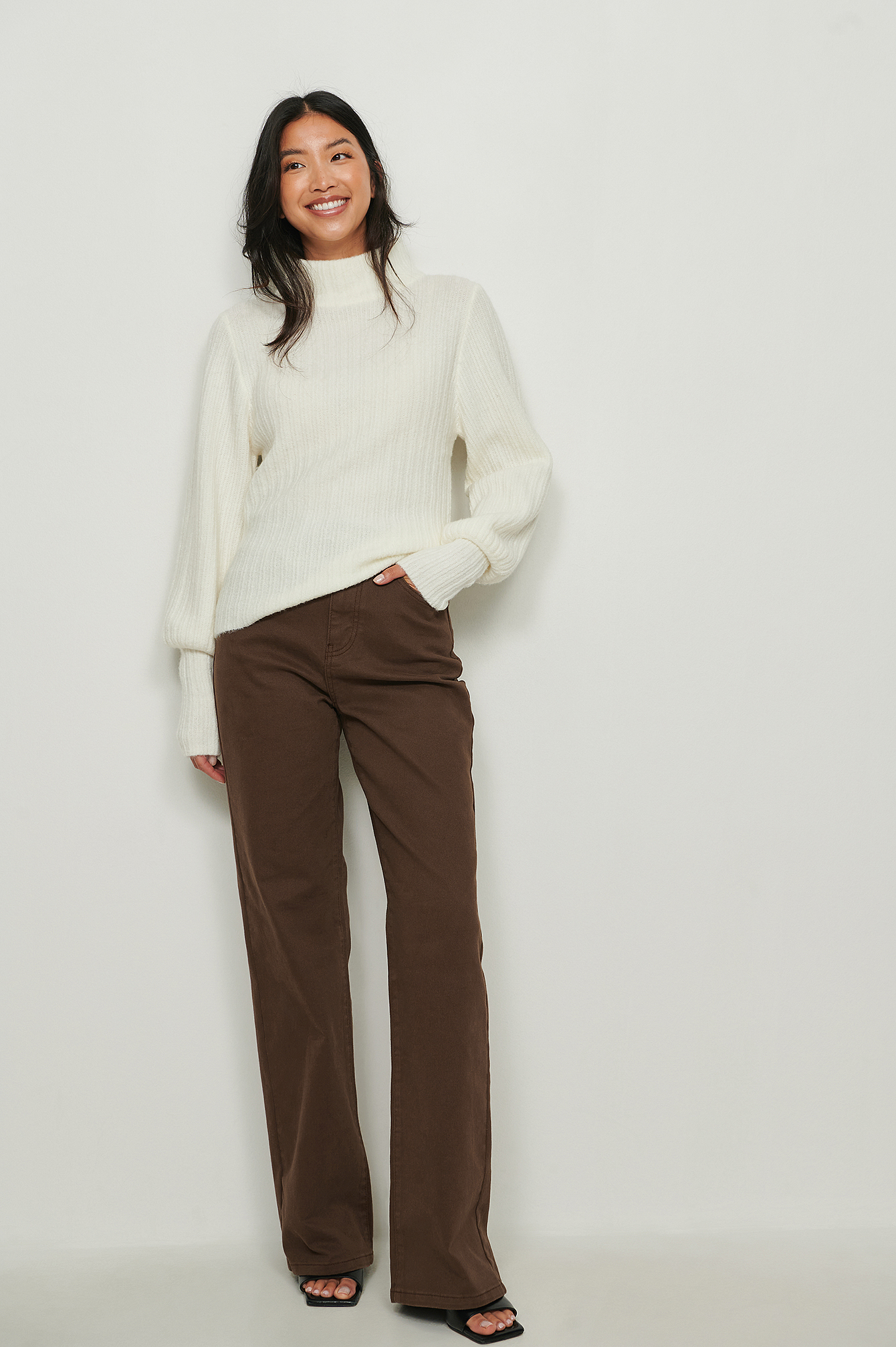 High Neck Knitted Puff Shoulder Sweater 