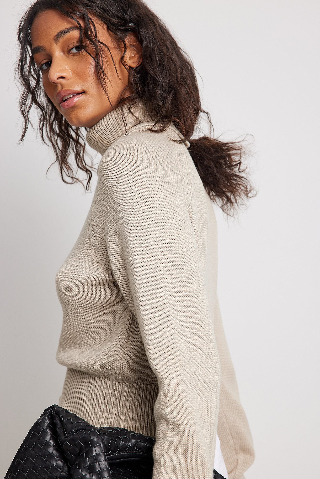 Beige High Neck Knitted Sweater