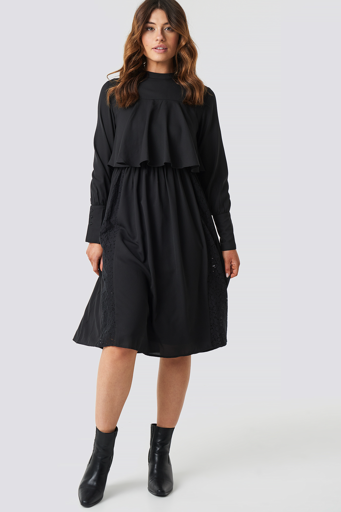 High Neck Lace Detail Midi Dress Black