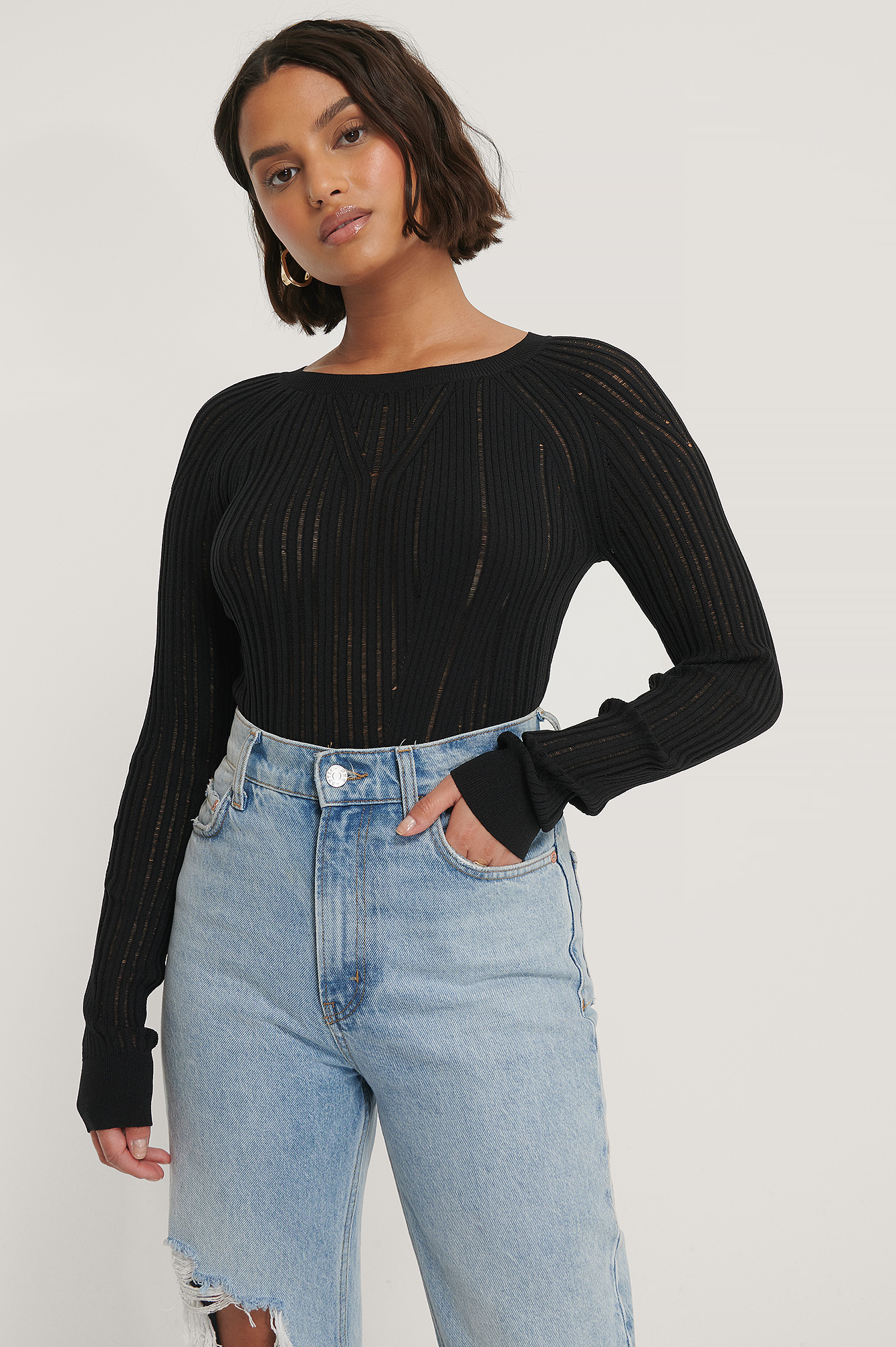 High Neck Light Knit Sweater Black | na 